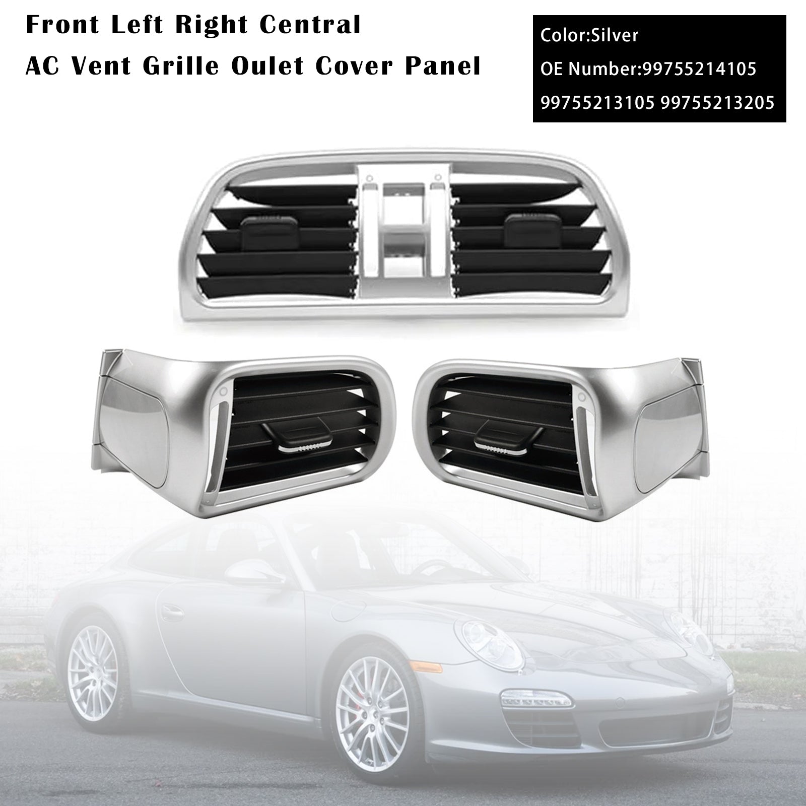 Left Right Central AC Vent Cover Silver For Porsche 911 Carrera Targa 2004-2012