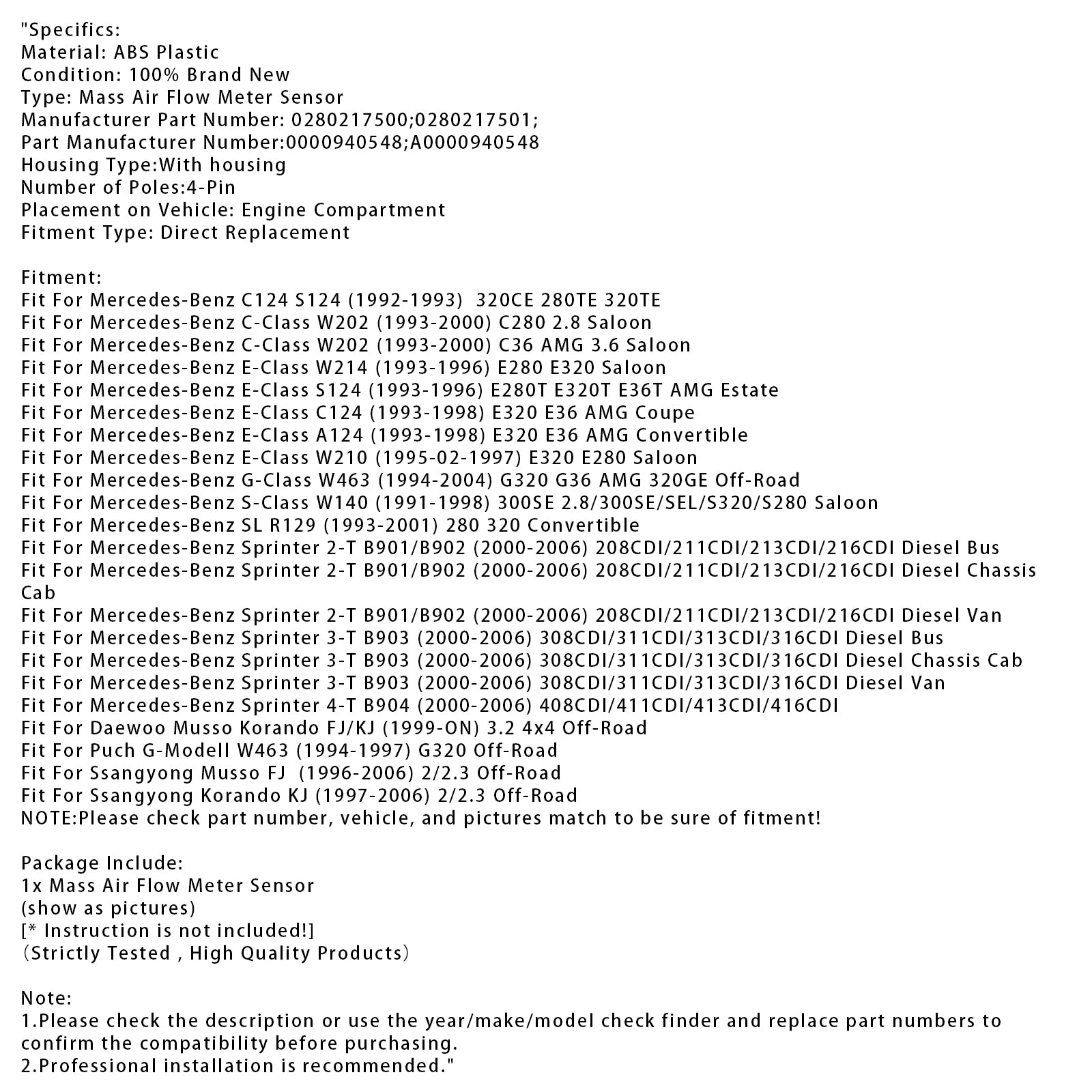 Massaluchtstroommetersensor voor Mercedes W202  W140 Sprinter 2-T 3-T 0280217500