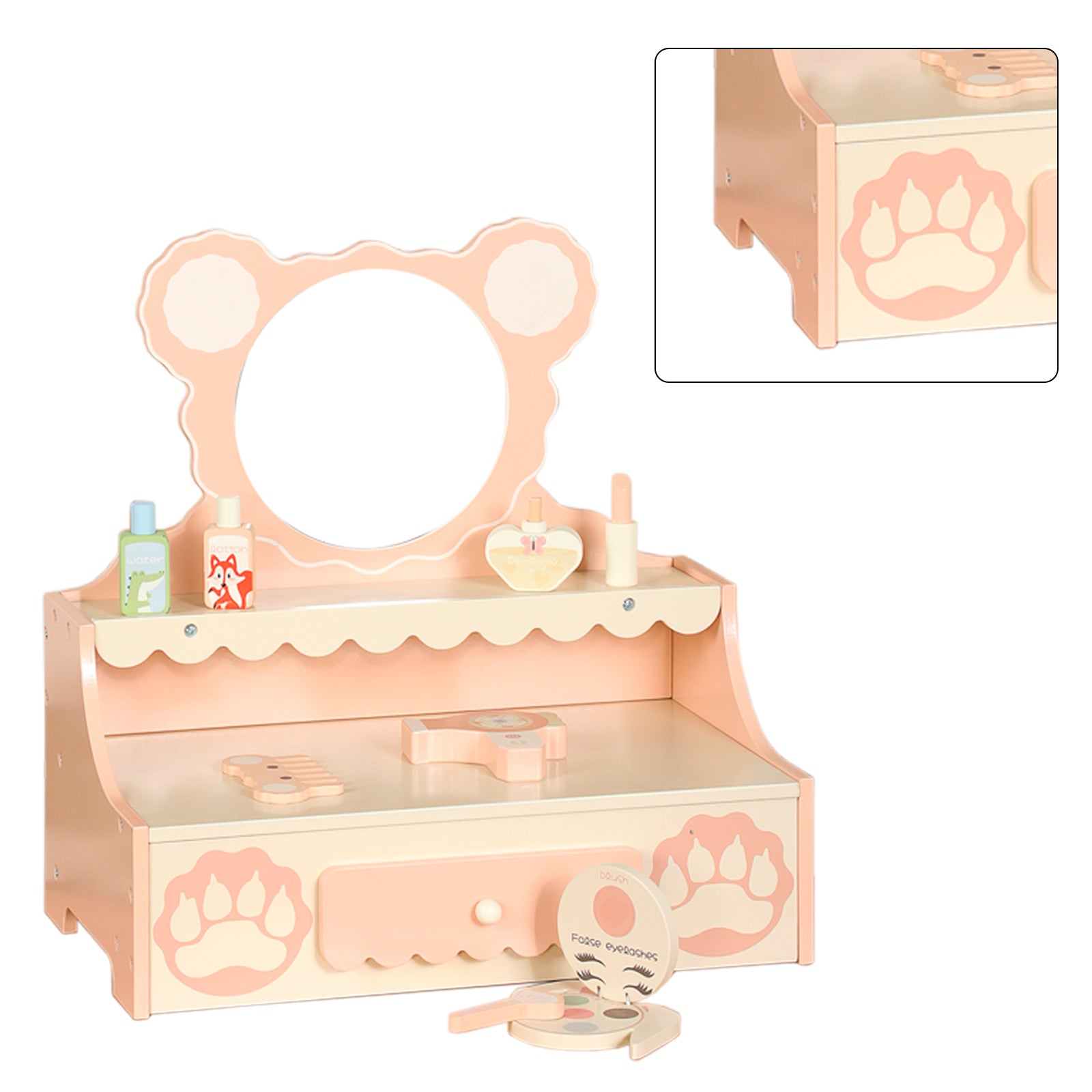 Vanité de princesse pour enfants de 3 ans et plus, bureau de jeu de simulation avec 8 accessoires de maquillage, ensemble de vanité pour enfants avec tiroir de rangement, table de maquillage pour petites filles avec miroir