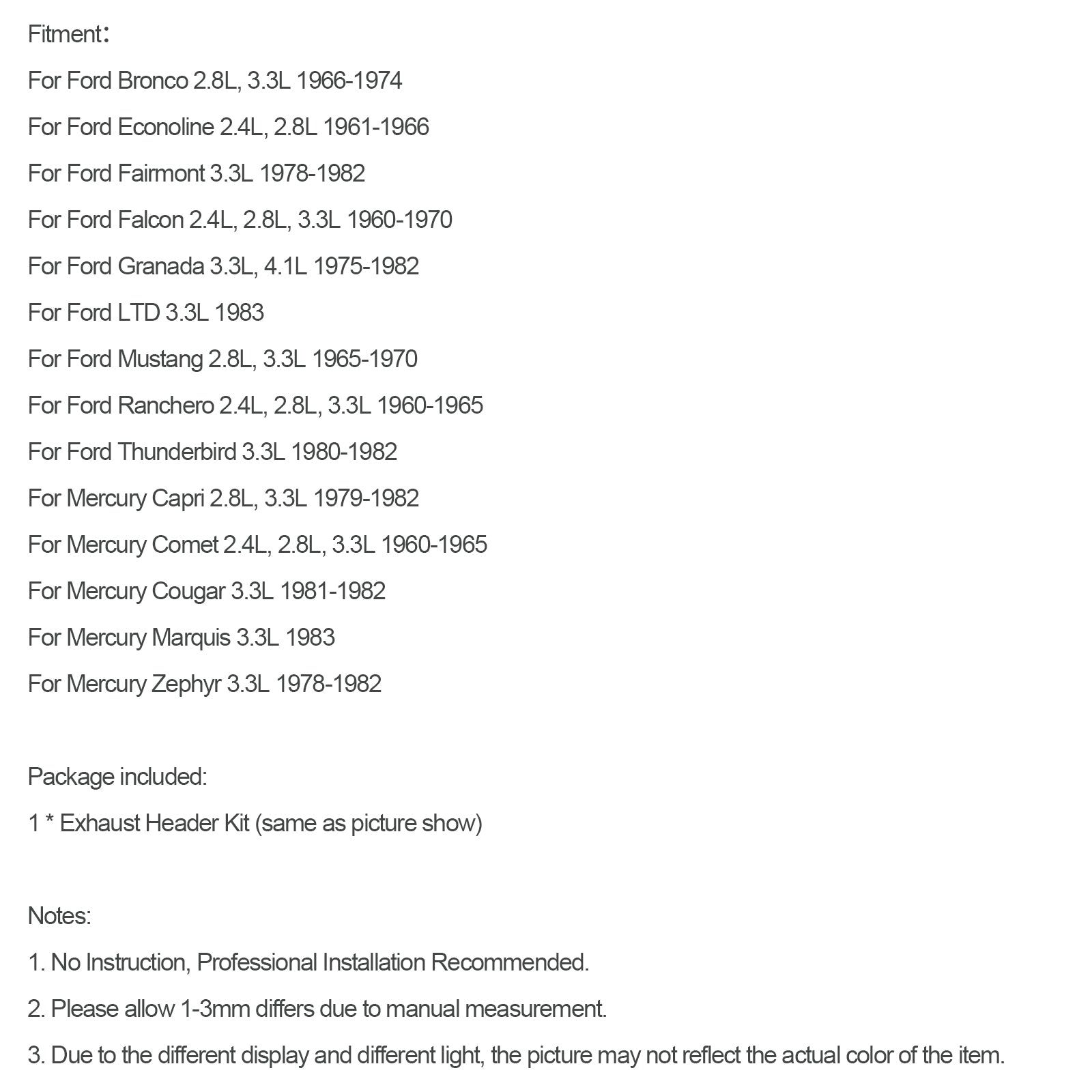 Hlavičky výfukových plynov z nehrdzavejúcej ocele Fit Ford Mustang Fit Mercury 144/170/200/250