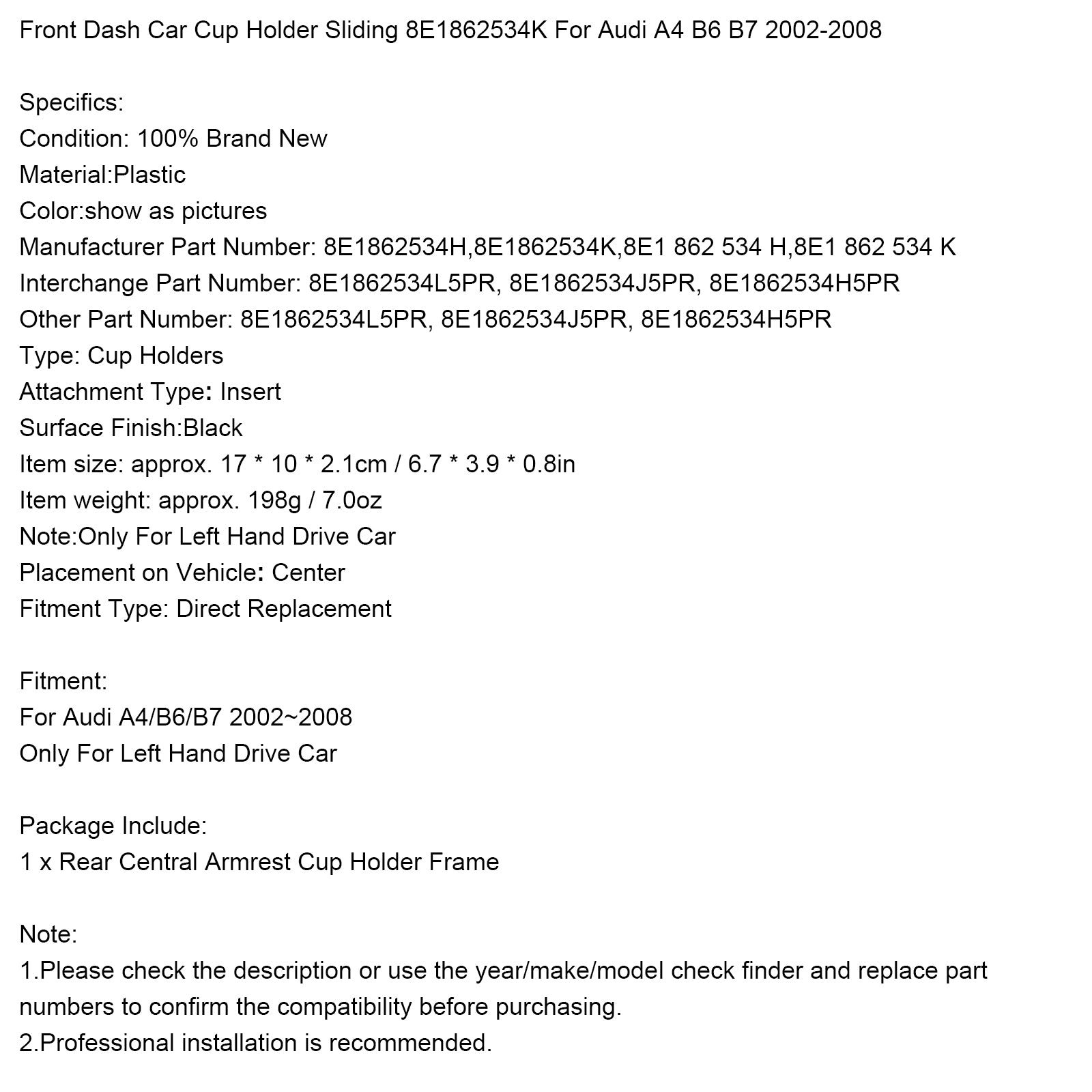 2002-2008 Audi A4 B6 B7 Front Dash Car Cup Holder Sliding 8E1862534K