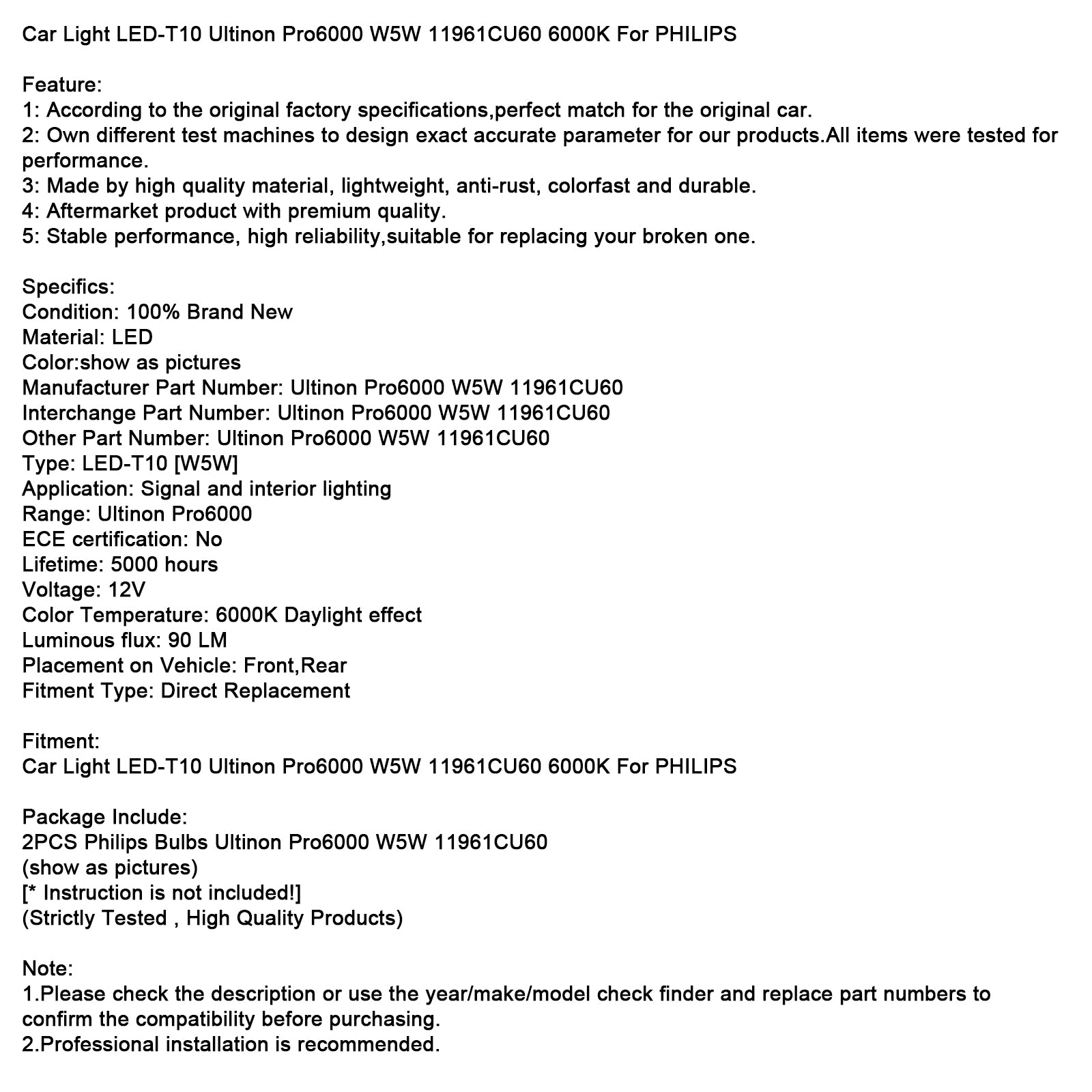 Automobilové LED svetlo T10 Ultinon Pro6000 W5W 11961CU60 6000K Pre PHILIPS
