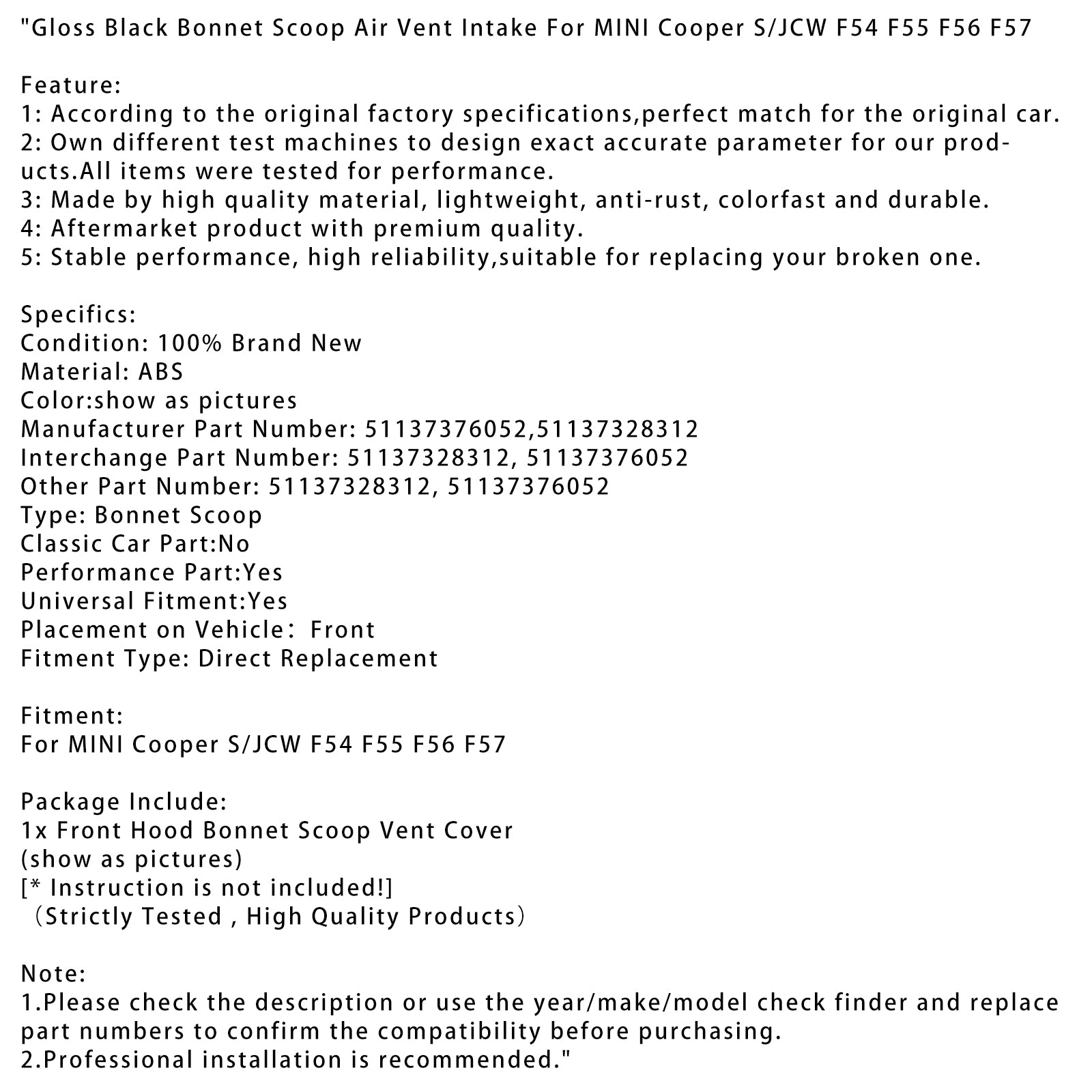 MINI Cooper S/JCW F54 F55 F56 F57 Gloss Black Bonnet Scoop Air Vent Intake
