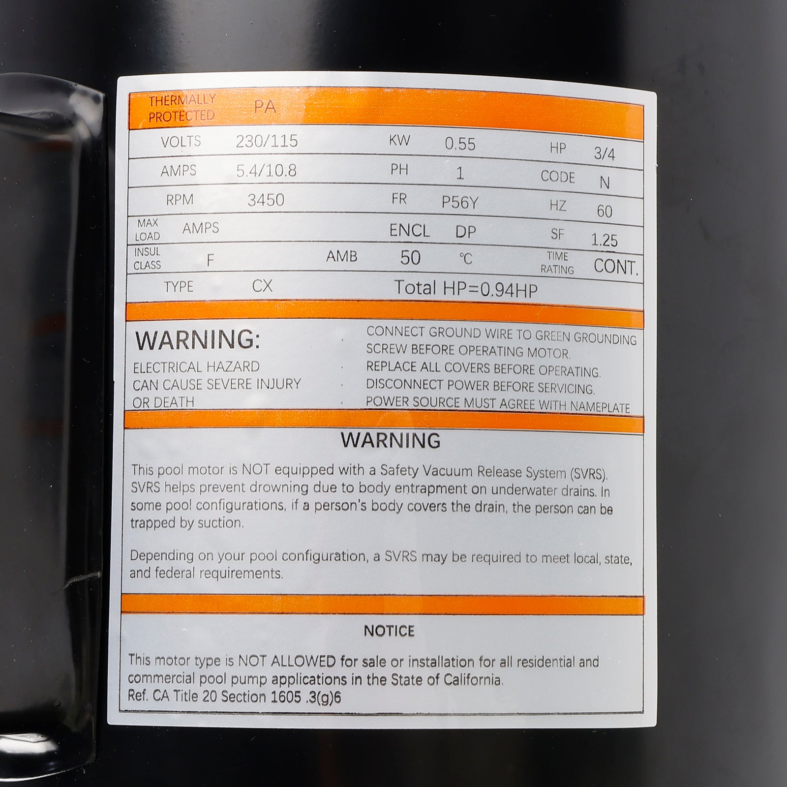 B2852 Motor quadrado da bomba de piscina de velocidade única 3/4 hp 3450rpm