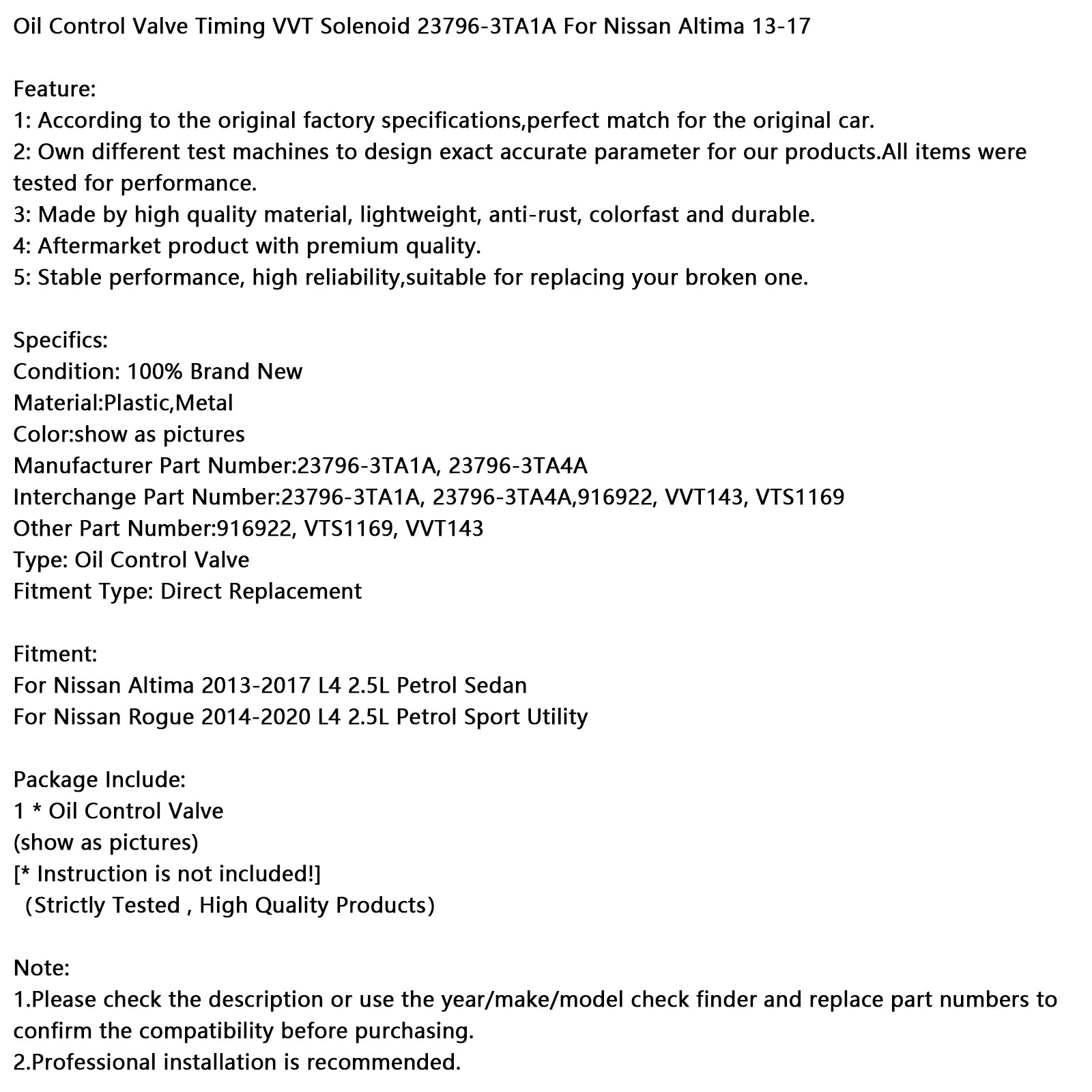Soule de chronométrage de la soupape de commande d'huile VVT ​​23796-3TA1A pour Nissan Altima 13-17