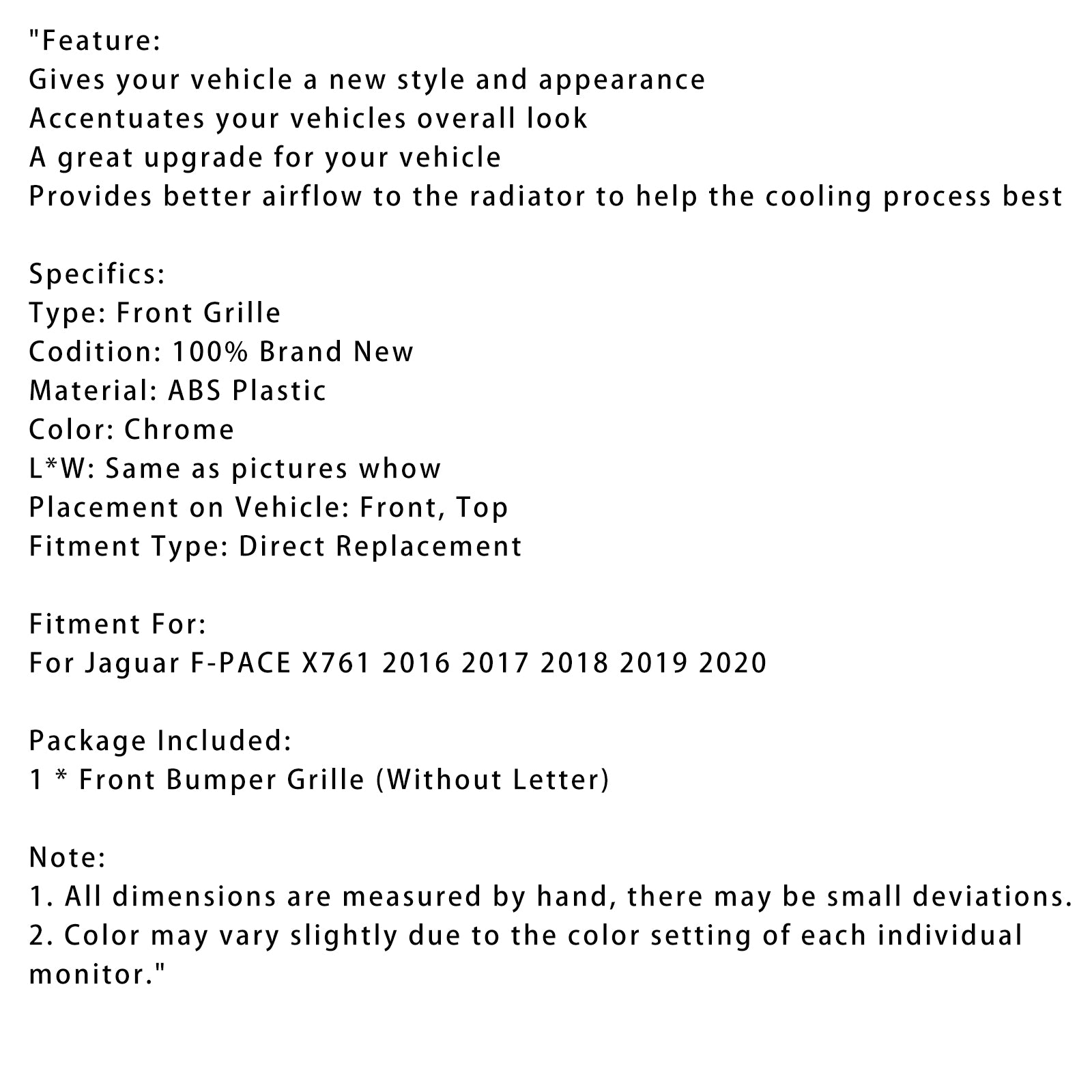 Grade de pára-choque dianteiro cromado jaguar f-pace x761 2016-2020
