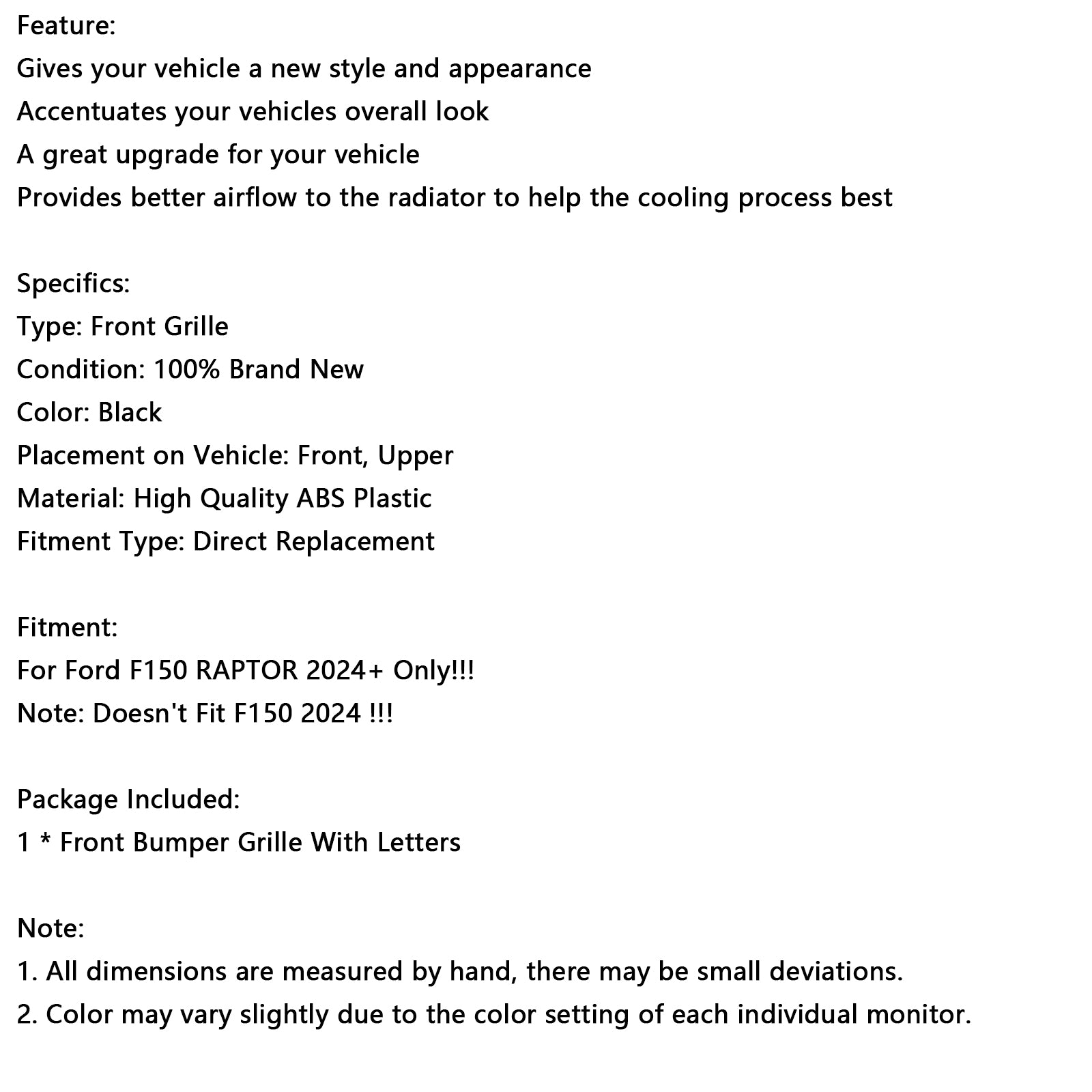Black Front Bumper Grille Grill Fit Ford F150 RAPTOR 2024+ Only