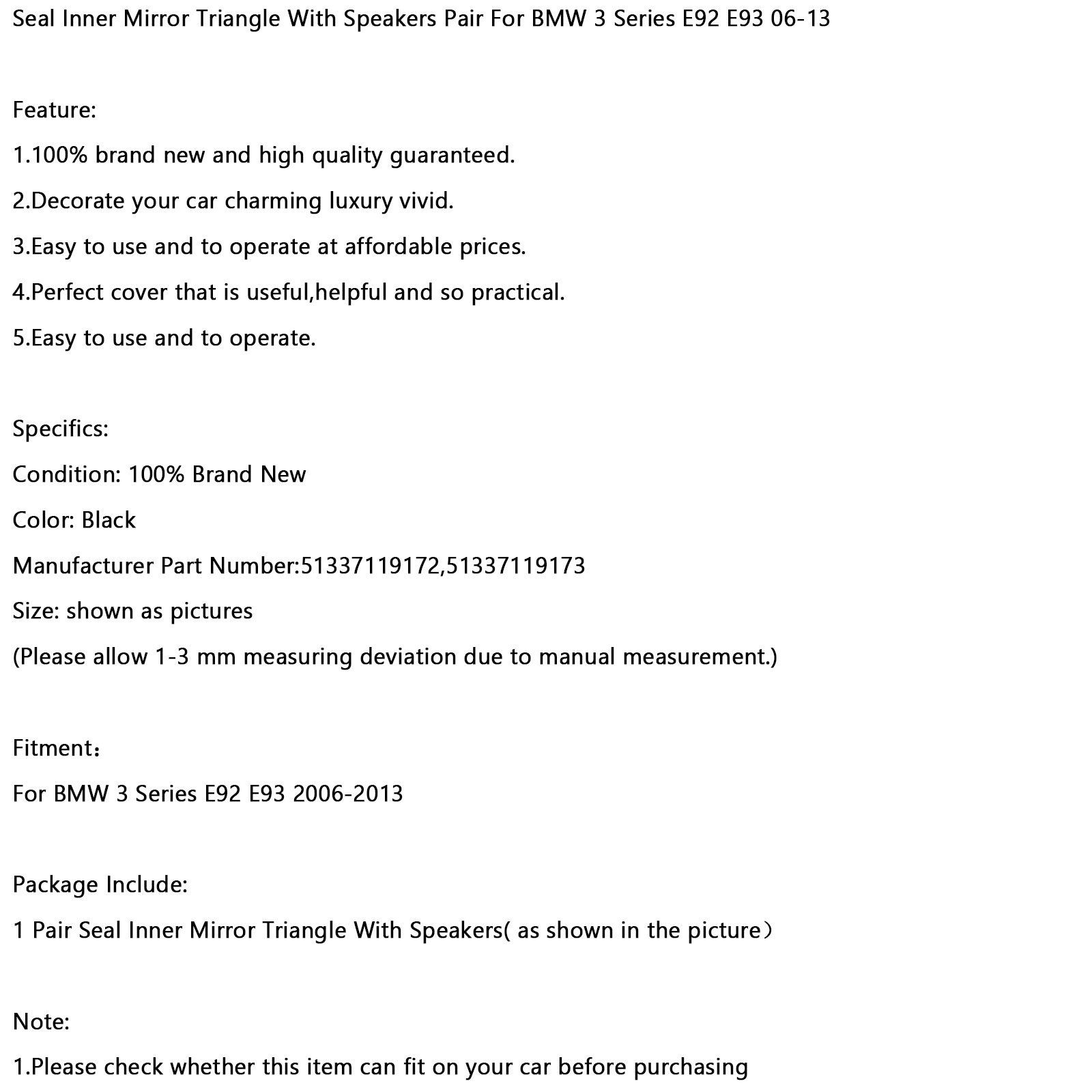 2006-2013 BMW 3 Series E92 E93 Pair Sealing Gasket Of Speakers