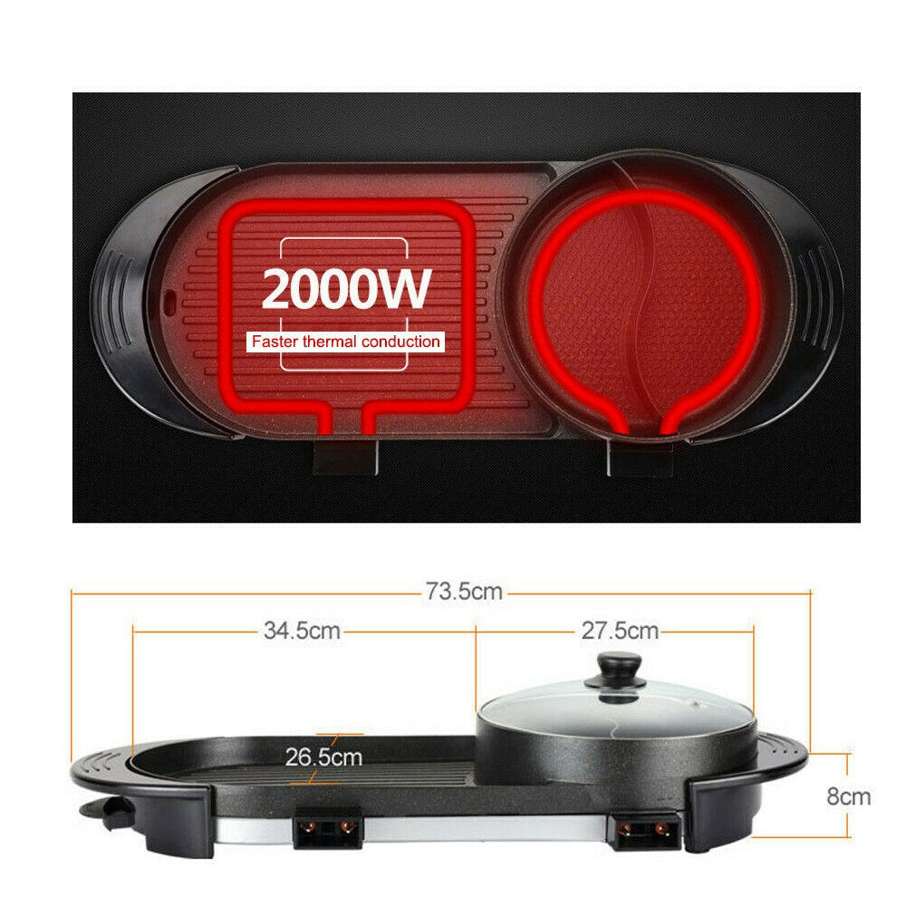 2 in 1 Portable Electric Hot Pot Barbecue Grill Non-Stick Teppanyaki Pan