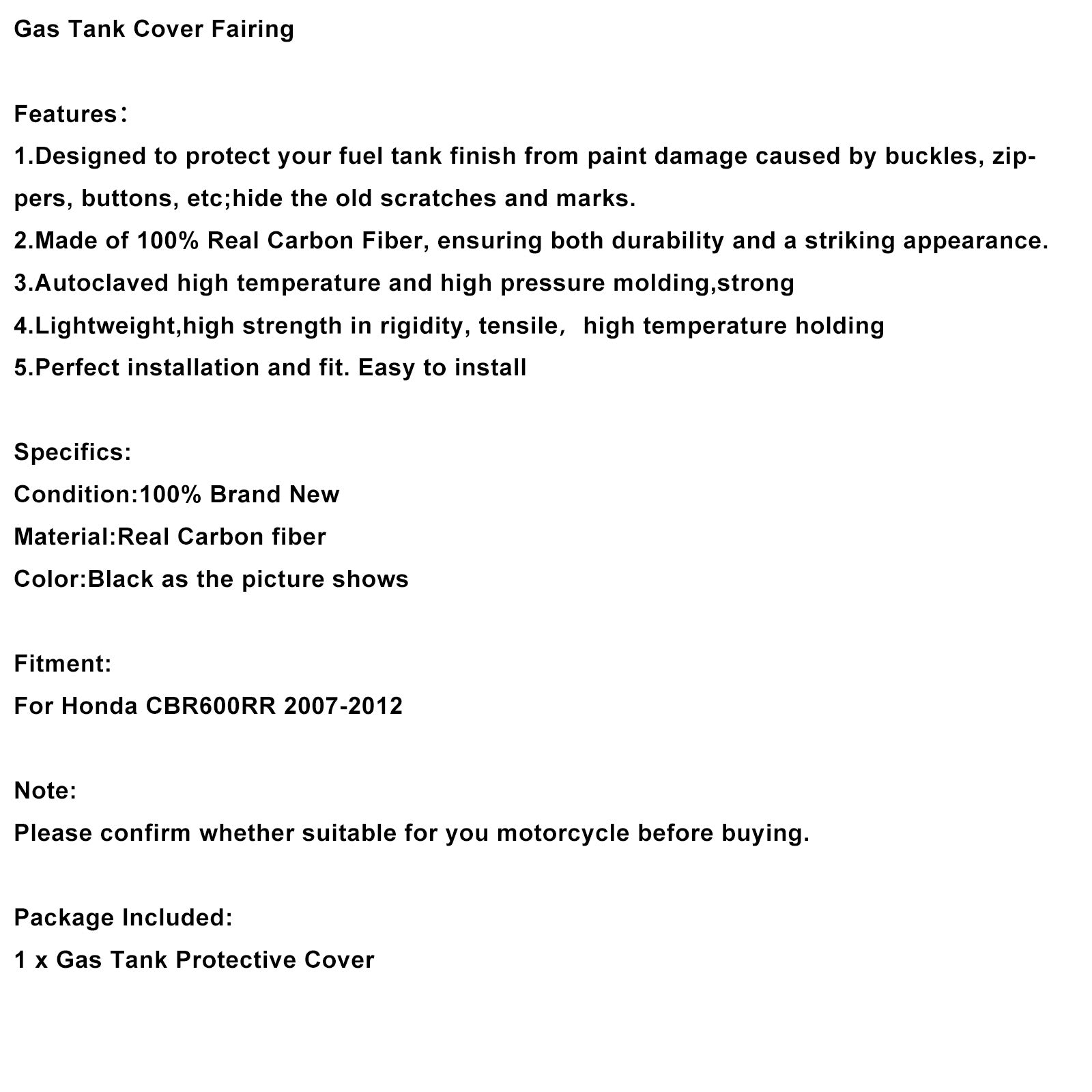 Real Carbon Fiber Tank Cover Fairing For Honda CBR600RR 2007-2012