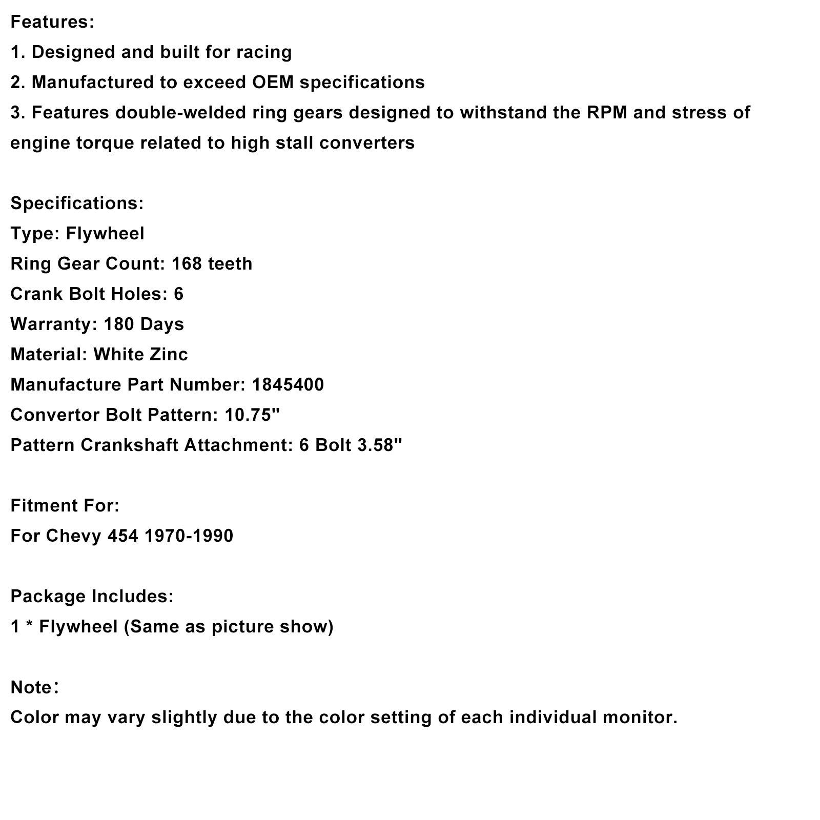 168-Teeth Steel Flexplate 1845400 Fit Chevy 454 1970-1990 White Zinc External