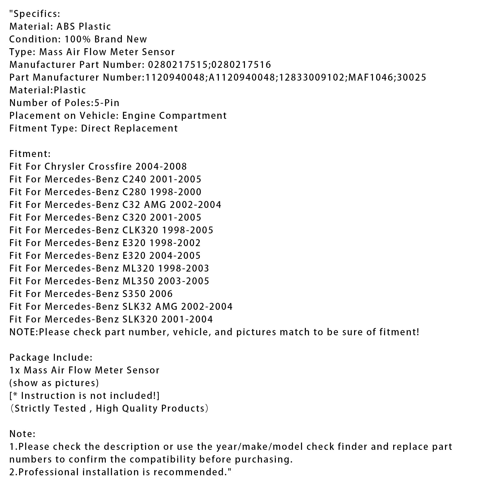 Massaluchtstroommetersensor voor Mercedes-Benz ML320 E320 C320 W208 0280217515