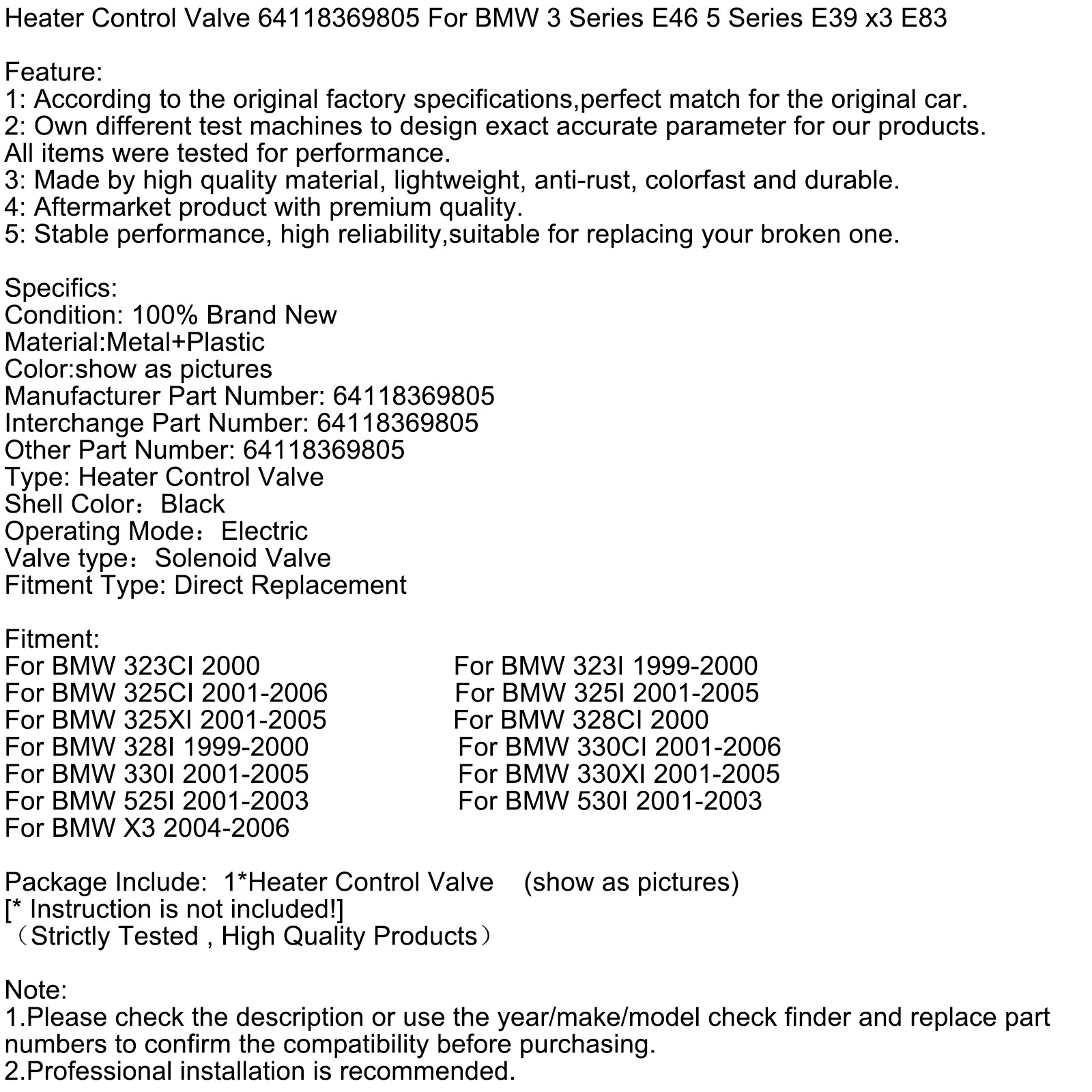 Värmekontrollventil 64118369805 För BMW 3-serie E46 5-serie E39 x3 E83