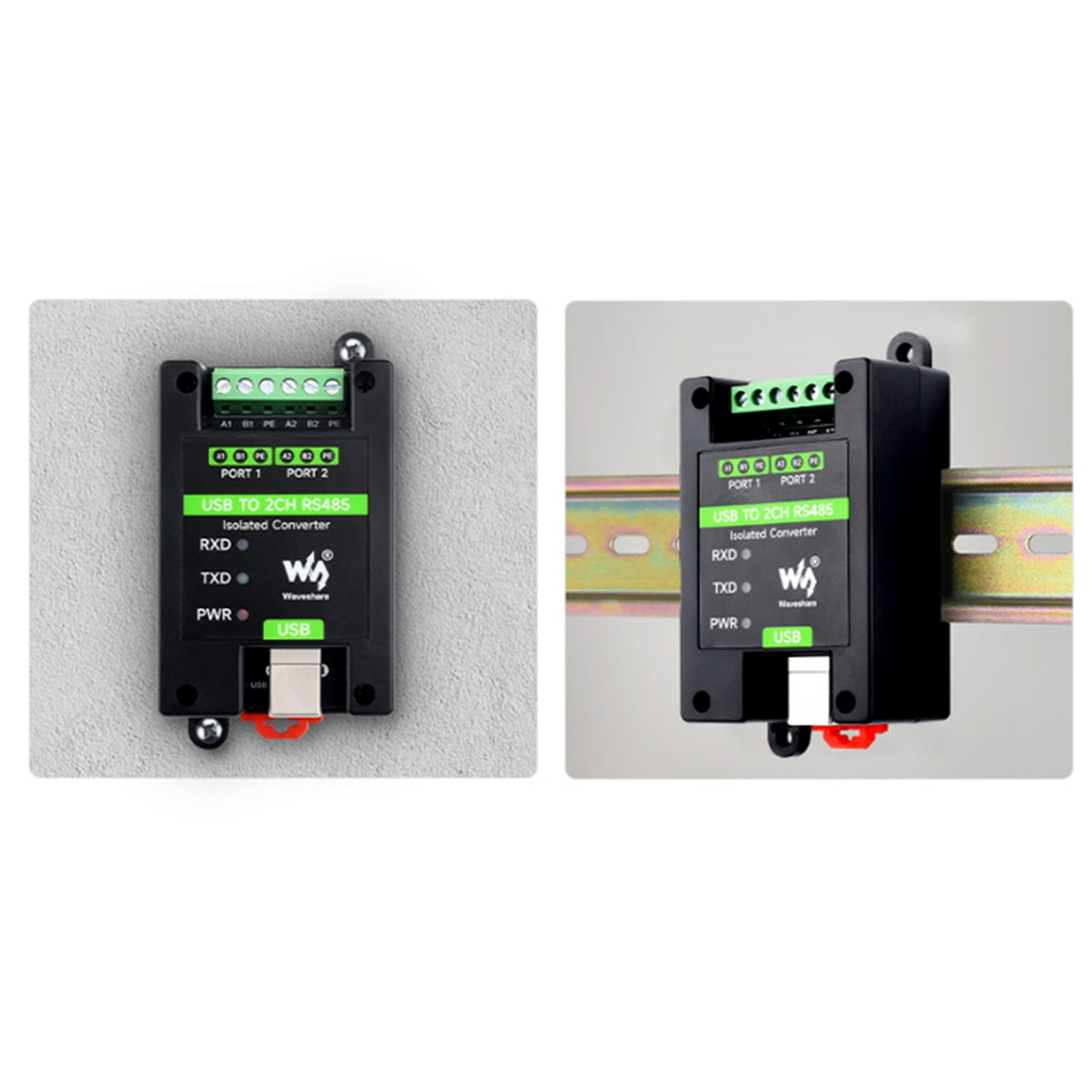 Installation de rail de convertisseur de port série USB vers RS485 à 2 voies isolé industriel