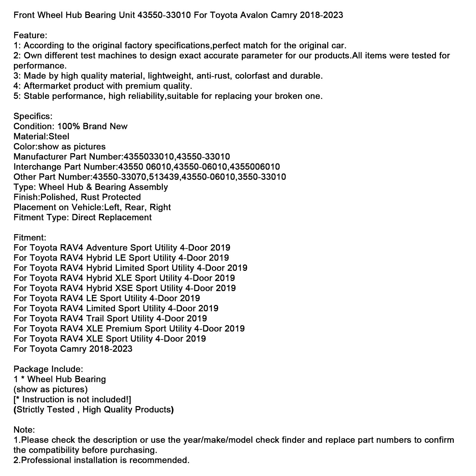 2019 Toyota RAV4 Hybrid Limited Sport Utility 4-Door Front Wheel Hub Bearing Unit 43550-33010