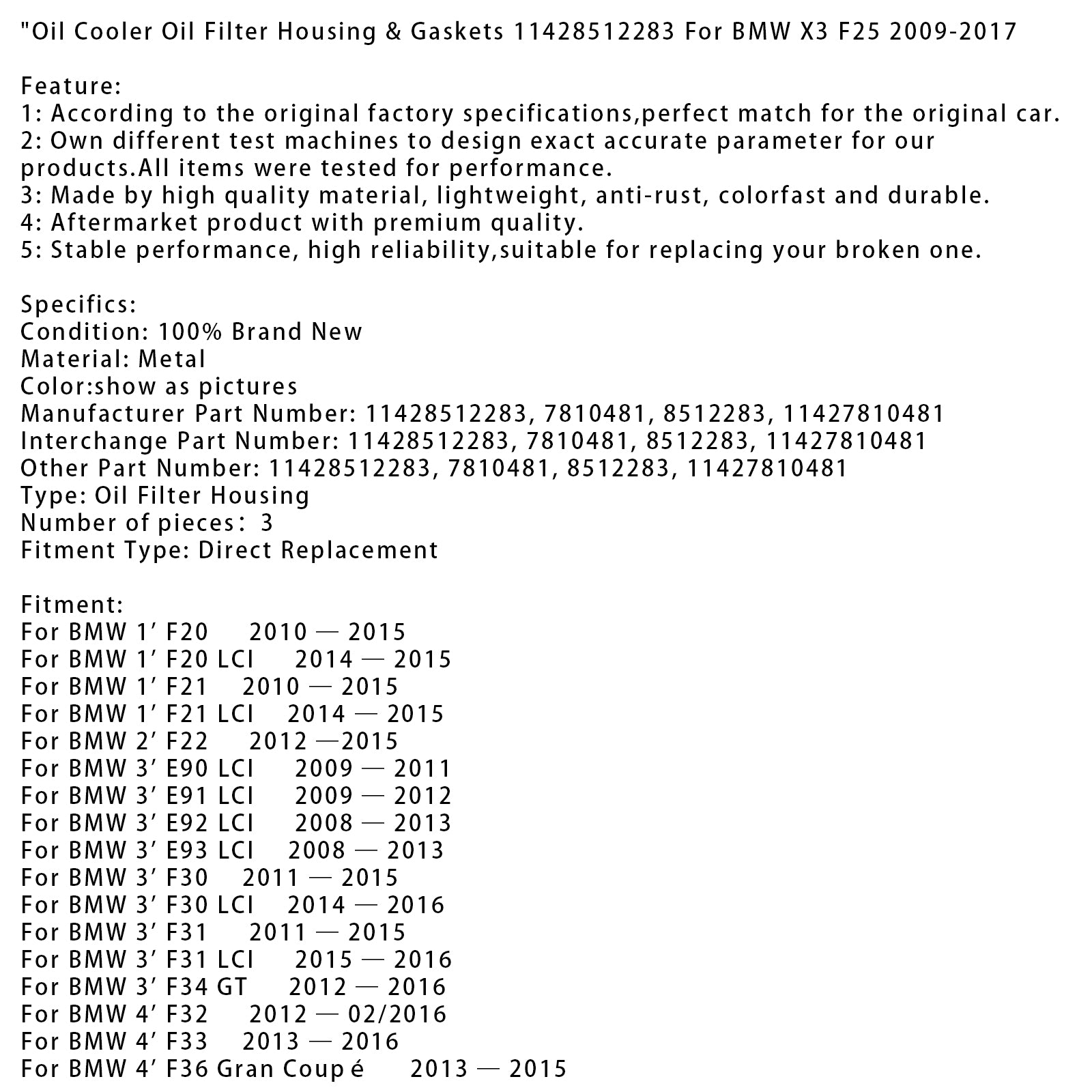 Boîtier de filtre à huile du refroidisseur d'huile & Joints 11428512283 pour BMW X3 F25 2009-2017