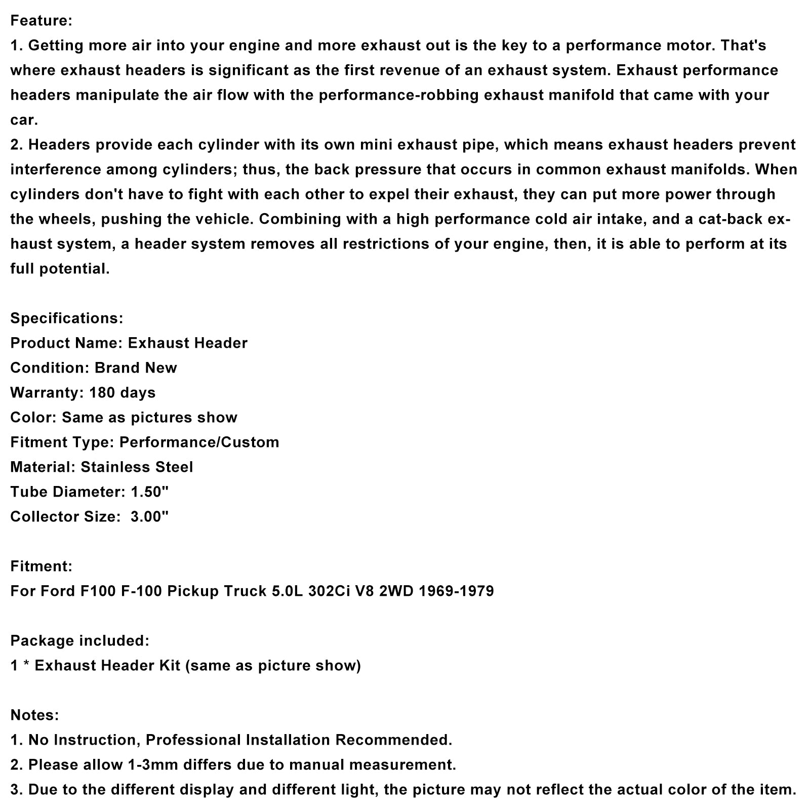 Exhaust Manifold Header Fit Ford F100 5.0L 302W Pickup Truck 2WD 1969-1979