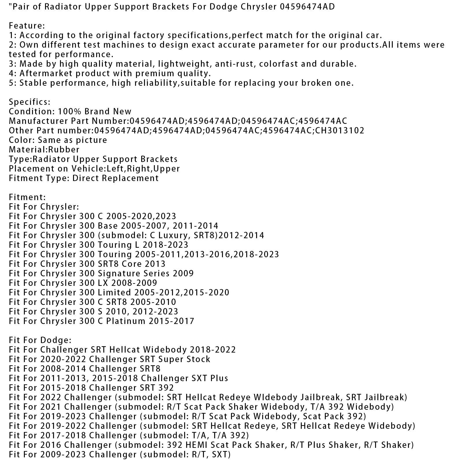 Pair of Radiator Upper Support Brackets For Dodge Chrysler 04596474AD