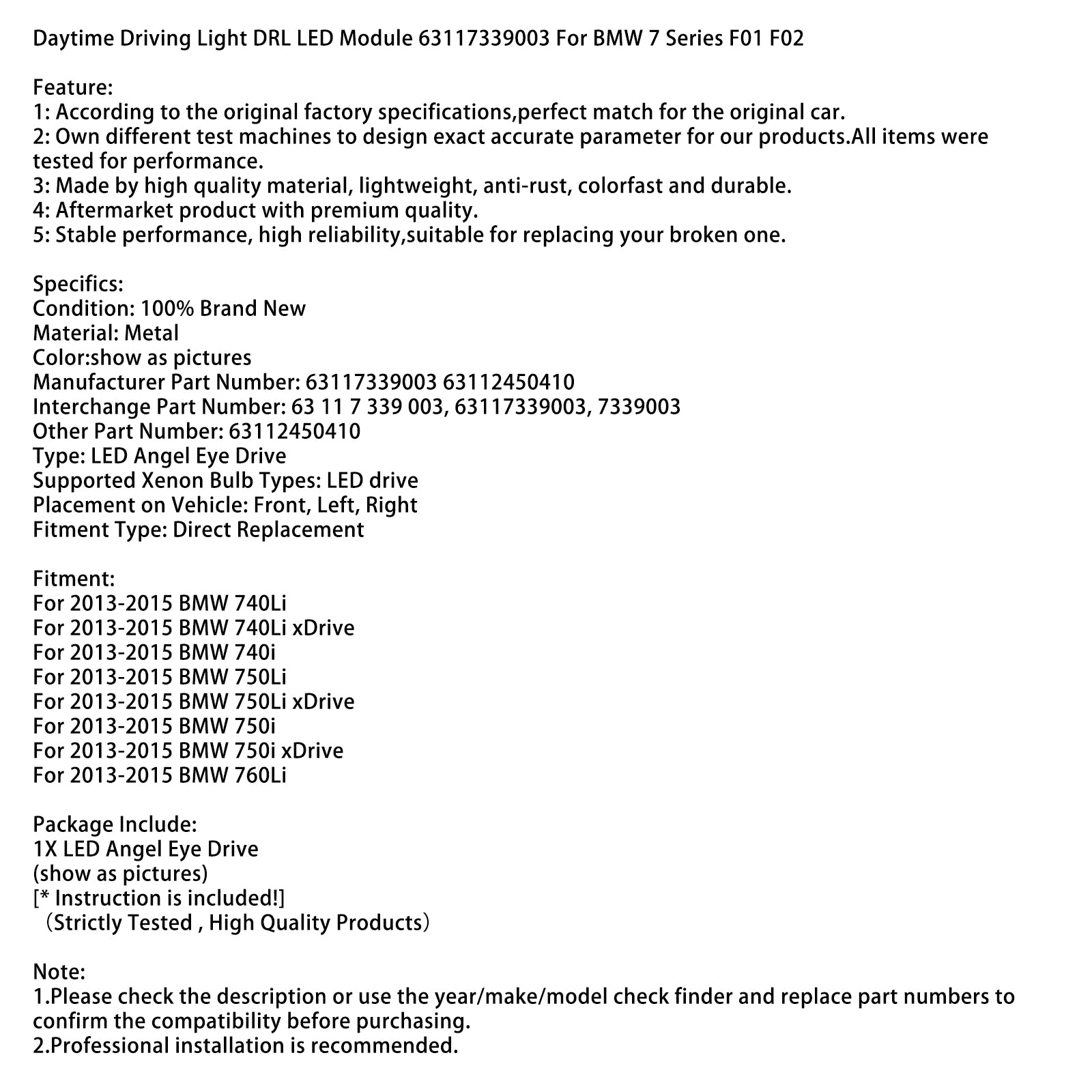 Dagrijlicht DRL LED-module 63117339003 voor BMW 7-serie F01 F02