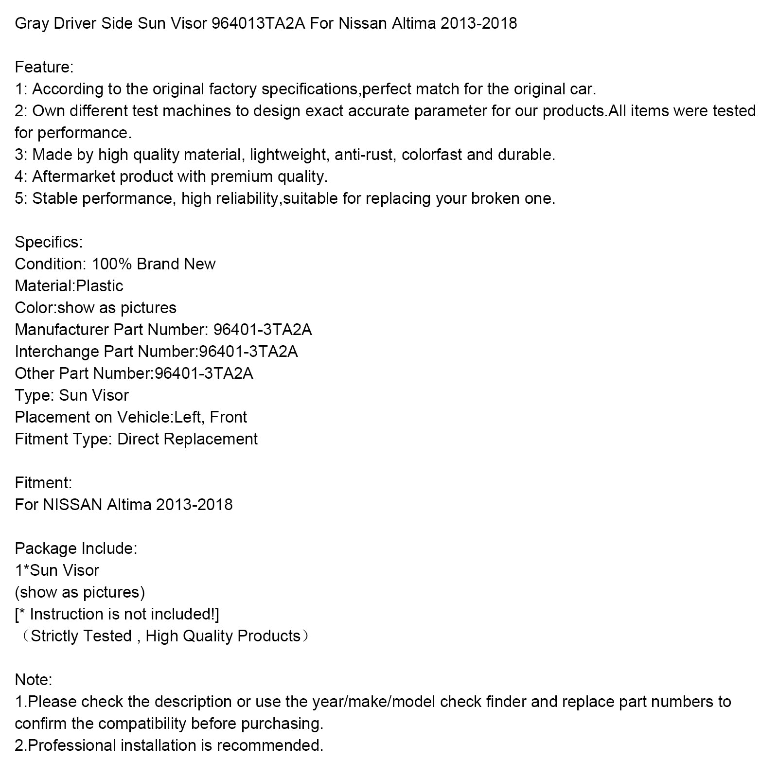 Visera solar lateral izquierda gris Nissan Altima 2013-2018 964013TA2A