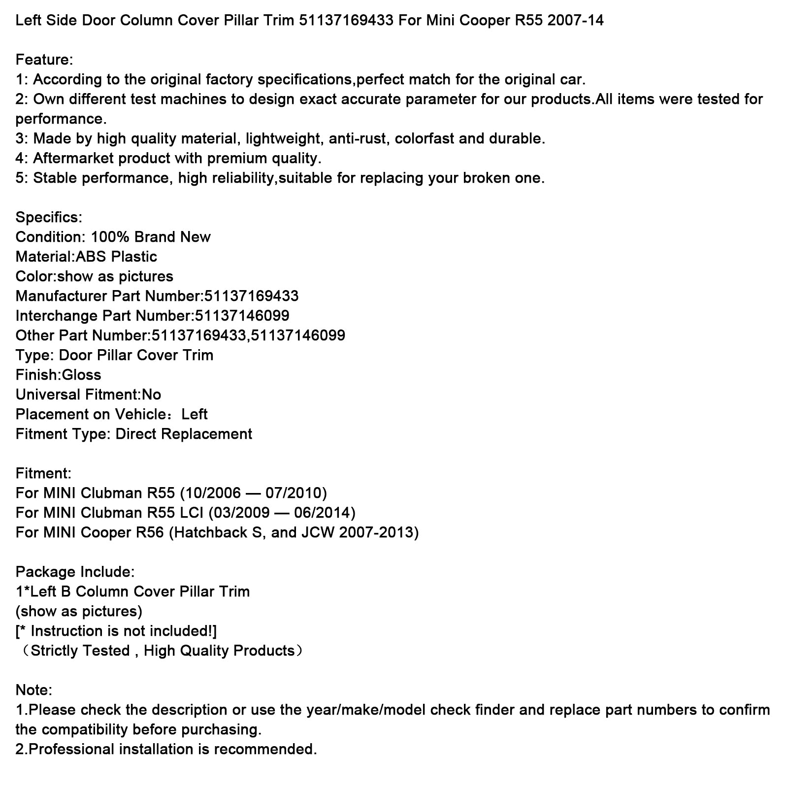 Linkerdeur Kolom Cover Pijlerbekleding 51137169433 Voor Mini Cooper R55 07-14