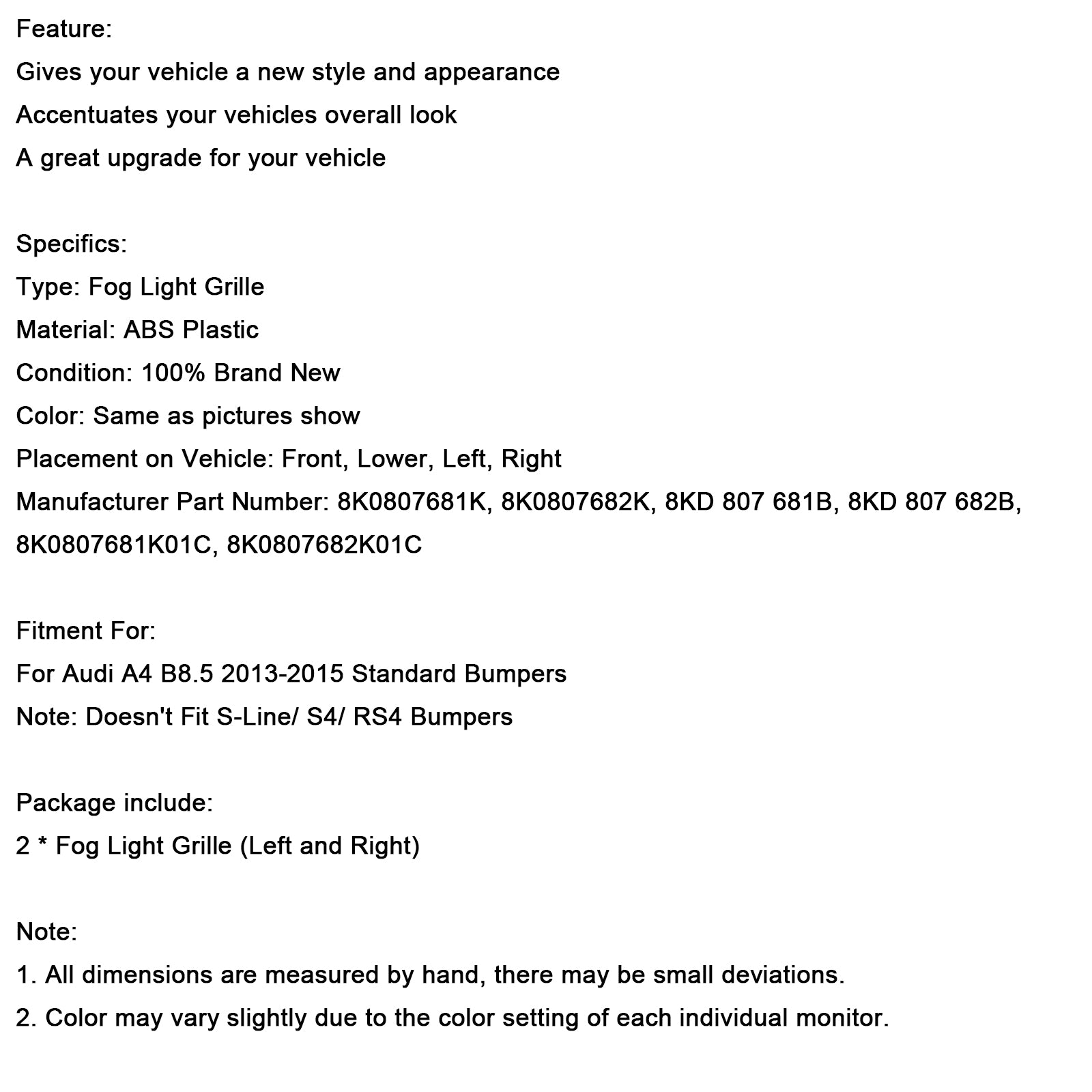 2013-2015 Audi A4 B8.5 zwarte honingraat mistlampafdekking standaardbumper