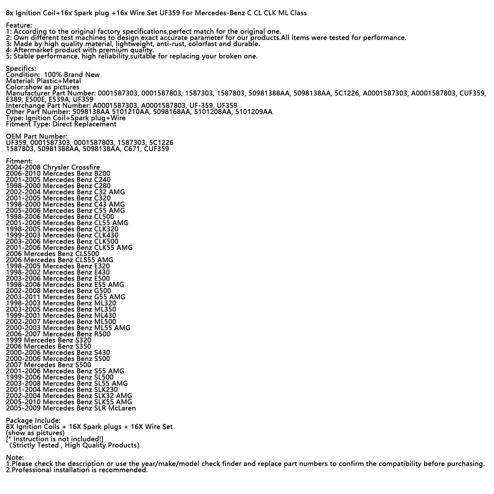 8x bobina de encendido + 16x bujía + 16x juego de cables UF359 para mercedes-benz C CL CLK ML Class