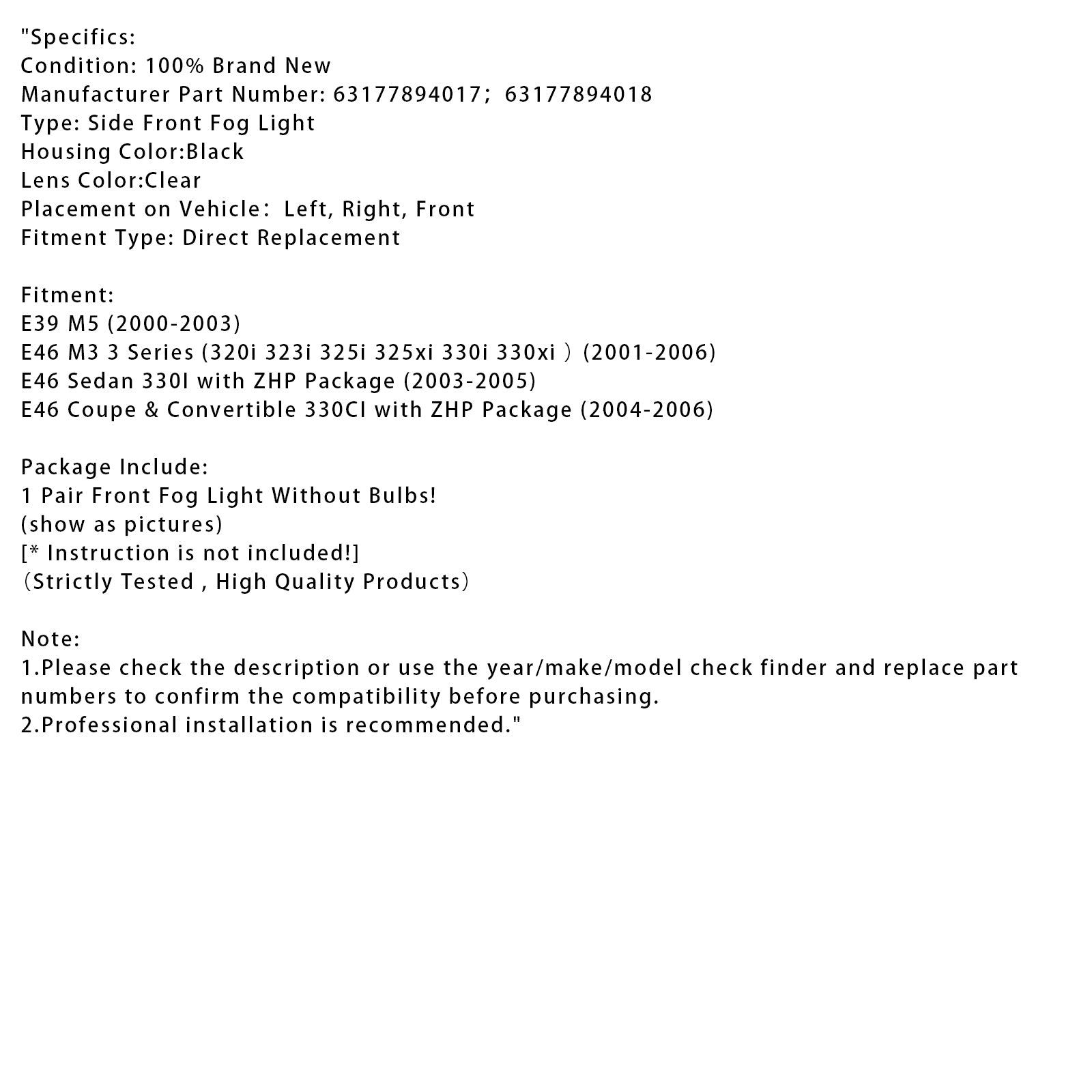 Paar mistlamplampen zonder lampen voor BMW E46 3-serie 2001-2006