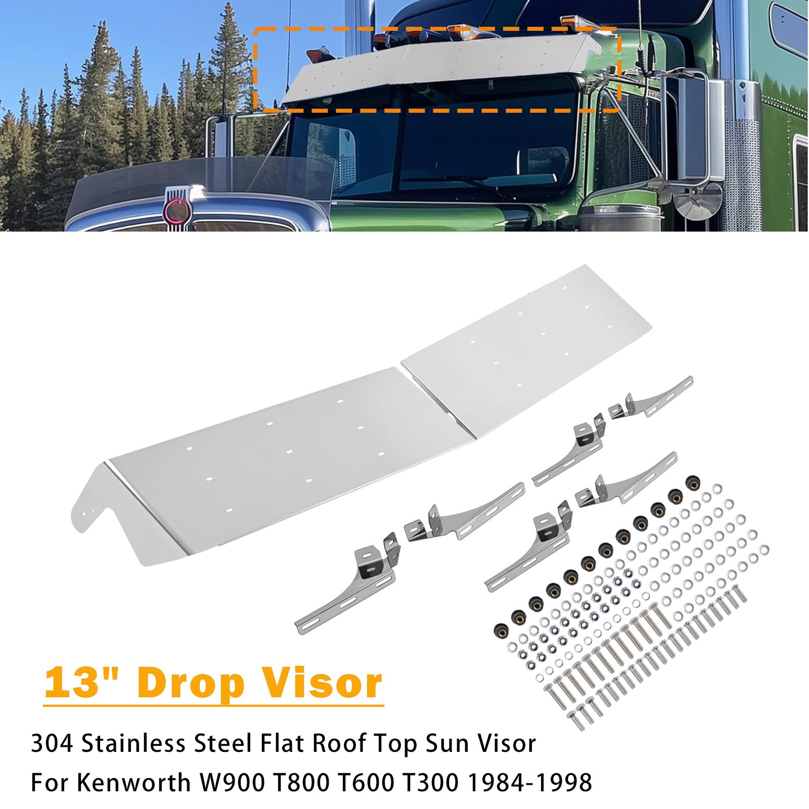 1984-1998 For Kenworth W900 T800 T600 T300 13" Drop Visor Flat Roof Top Sun Visor