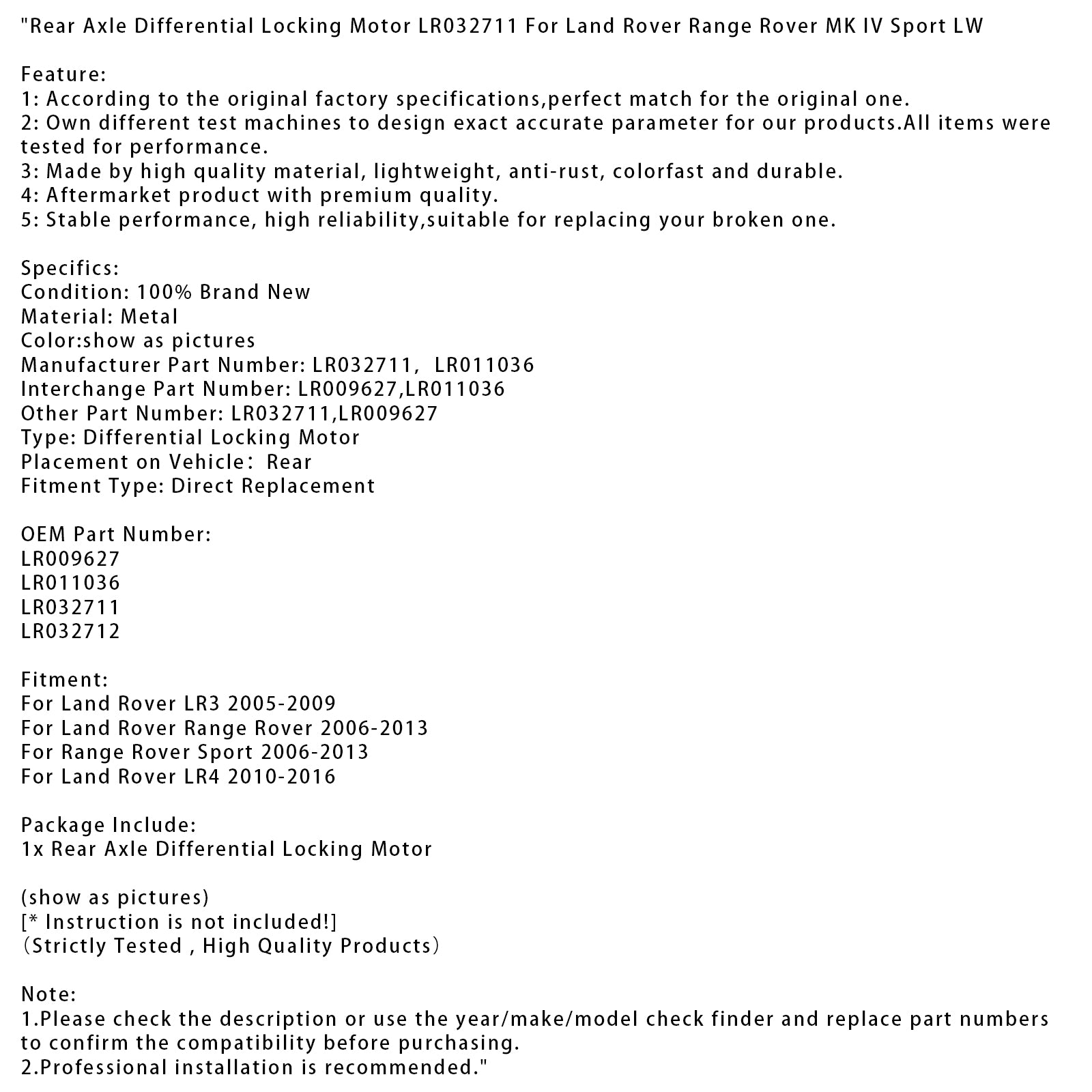 Moteur de verrouillage différentiel de l'essieu arrière LR032711 pour Land Rover Range Rover Mk IV