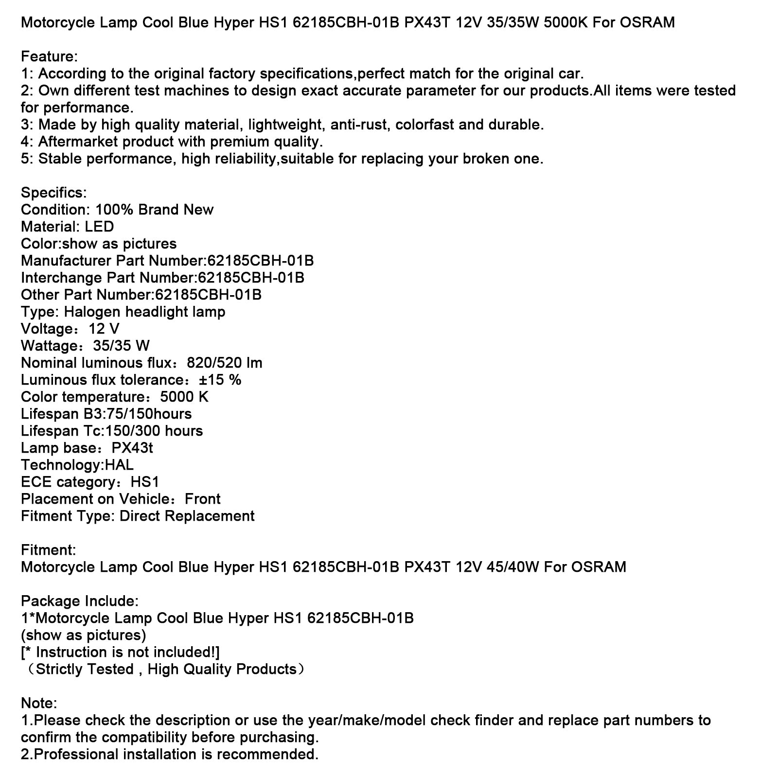 Motorcykellampa Cool Blue Hyper HS1 62185CBH-01B PX43T 12V 35/35W för OSRAM