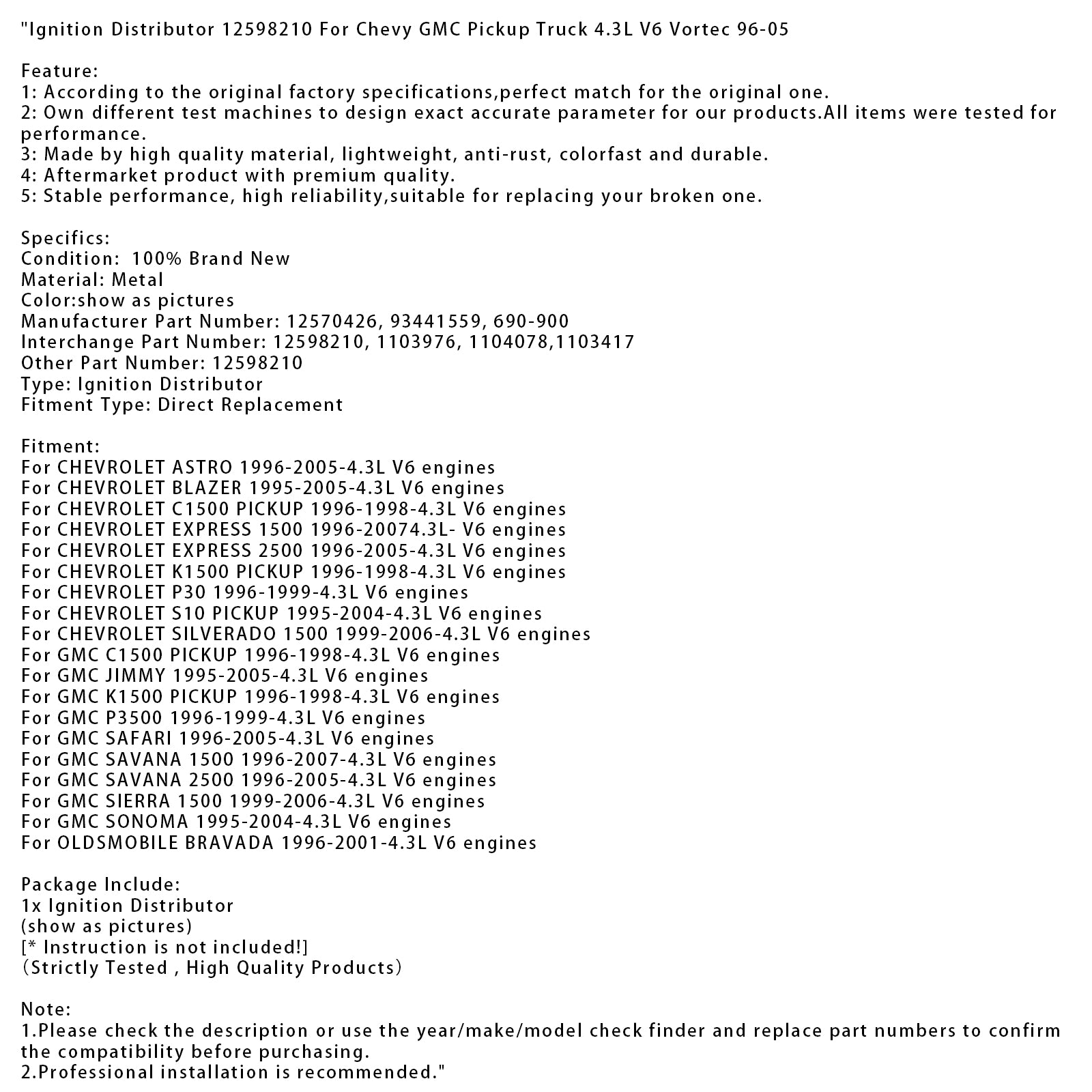 1999-2006 CHEVROLET SILVERADO 1500 4.3L V6-motorer Tändfördelare 12598210 12570426