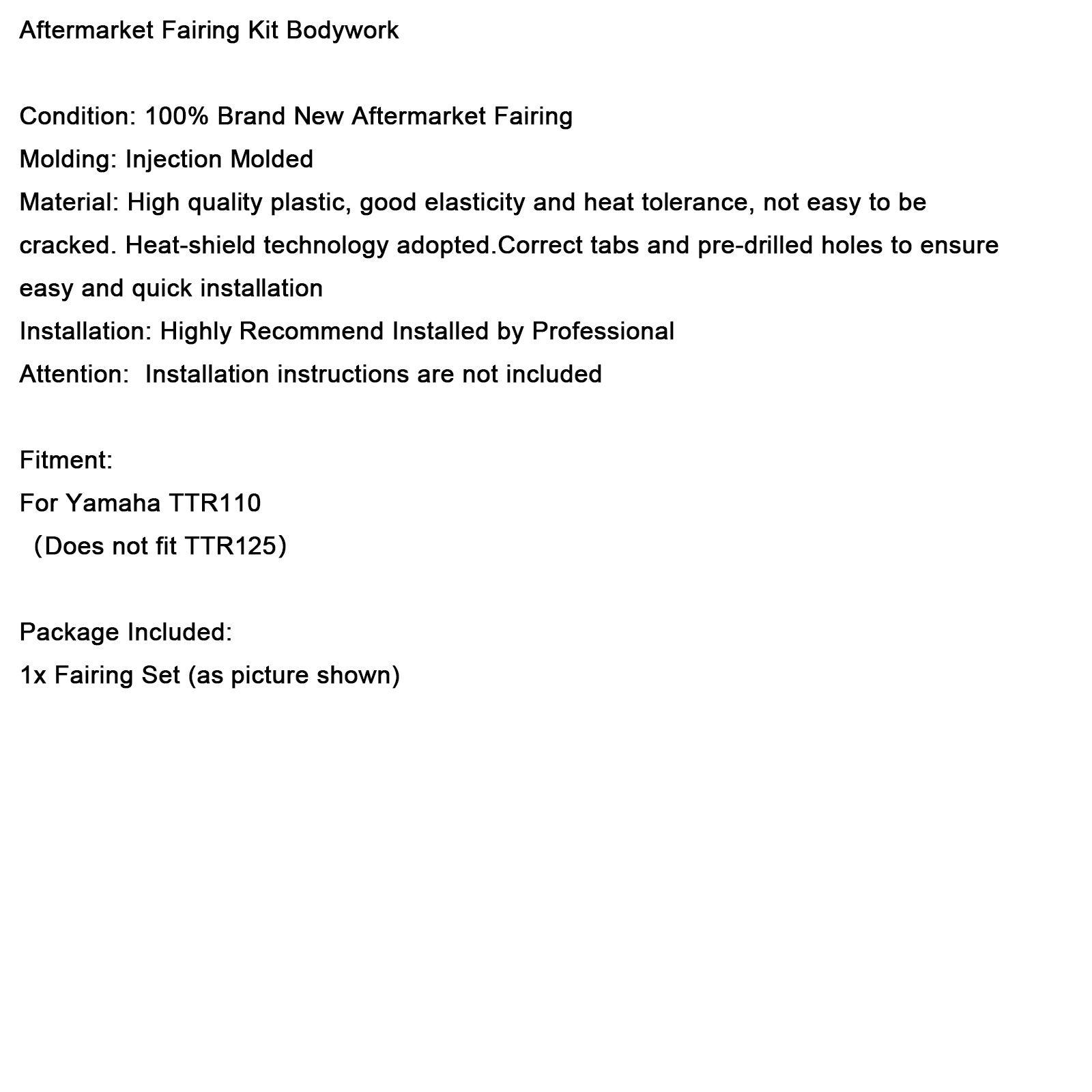 Yamaha TTR110 DIRT BIKE Body Plastic Kit Fender Fairing