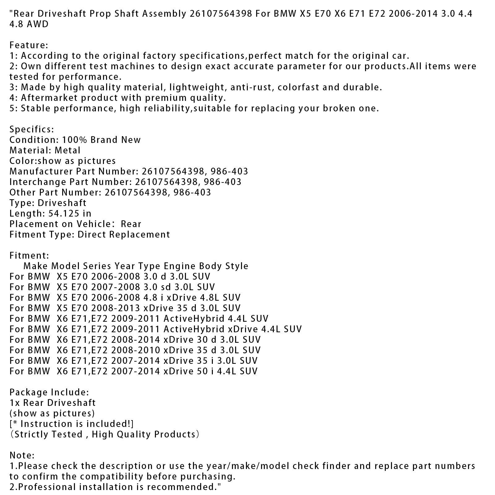 2008-2010 BMW X6 E71,E72 xDrive 35 d 3.0L SUV Achteraandrijfas Propasmontage 26107564398
