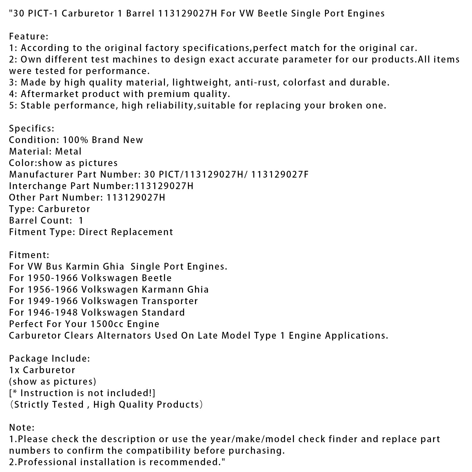 30 PICT-1 Carburetor 1 Barrel 113129027H For VW Beetle Single Port Engines