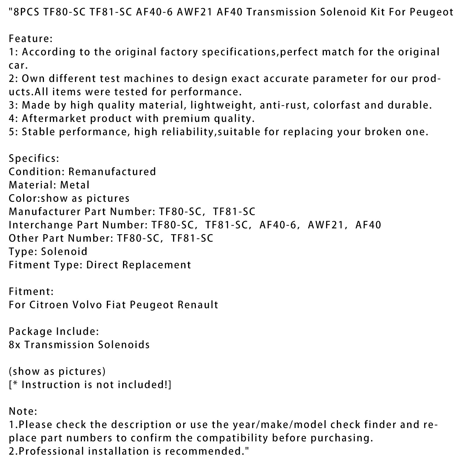 Citroen Volvo Fiat Peugeot Renault 8PCS TF80-SC TF81-SC AF40-6 AWF21 Kit de solénoïde de transmission AF40