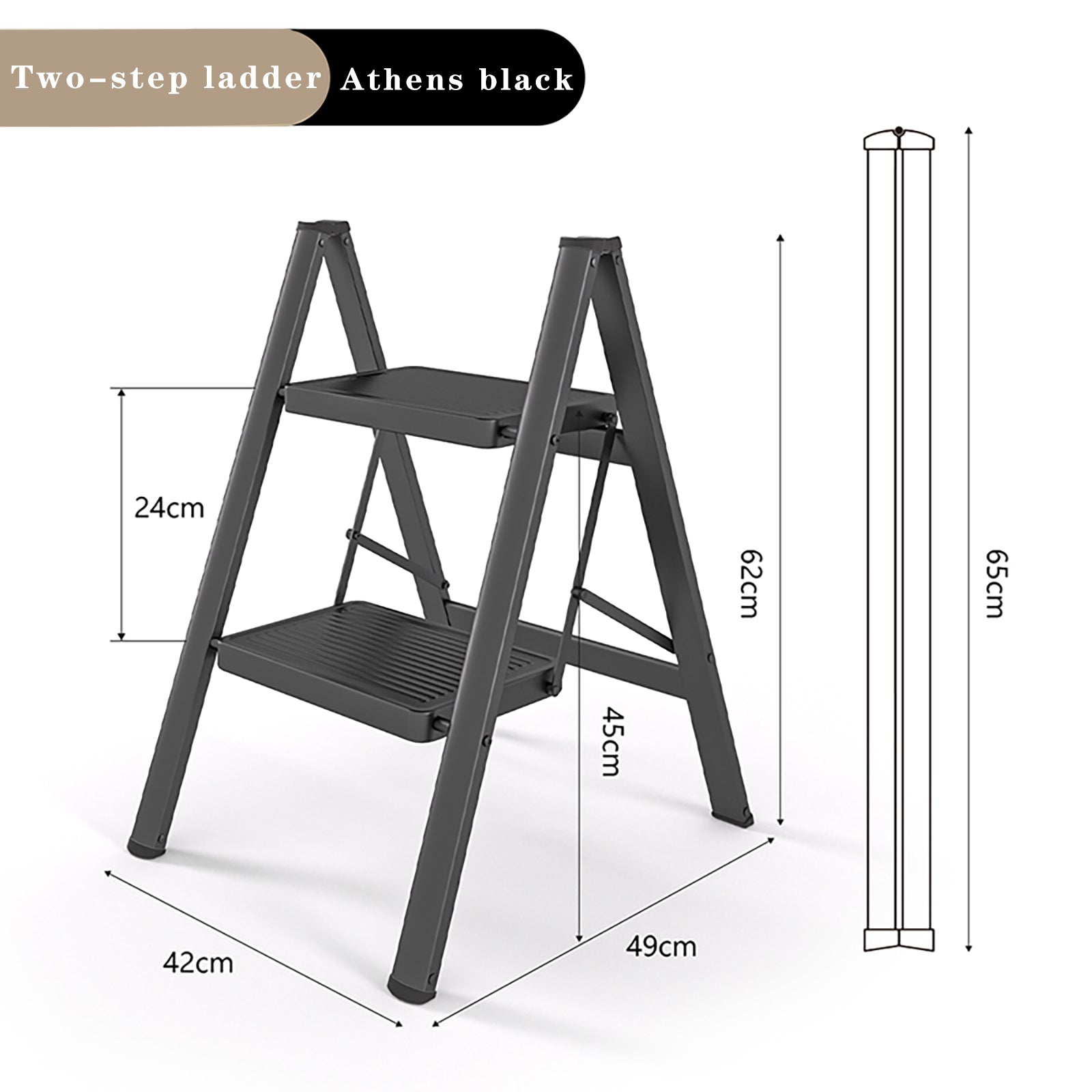 Stepladder, 2 Tiers, Foldable, Aluminum, Wide, Lightweight, Compact, Ladder