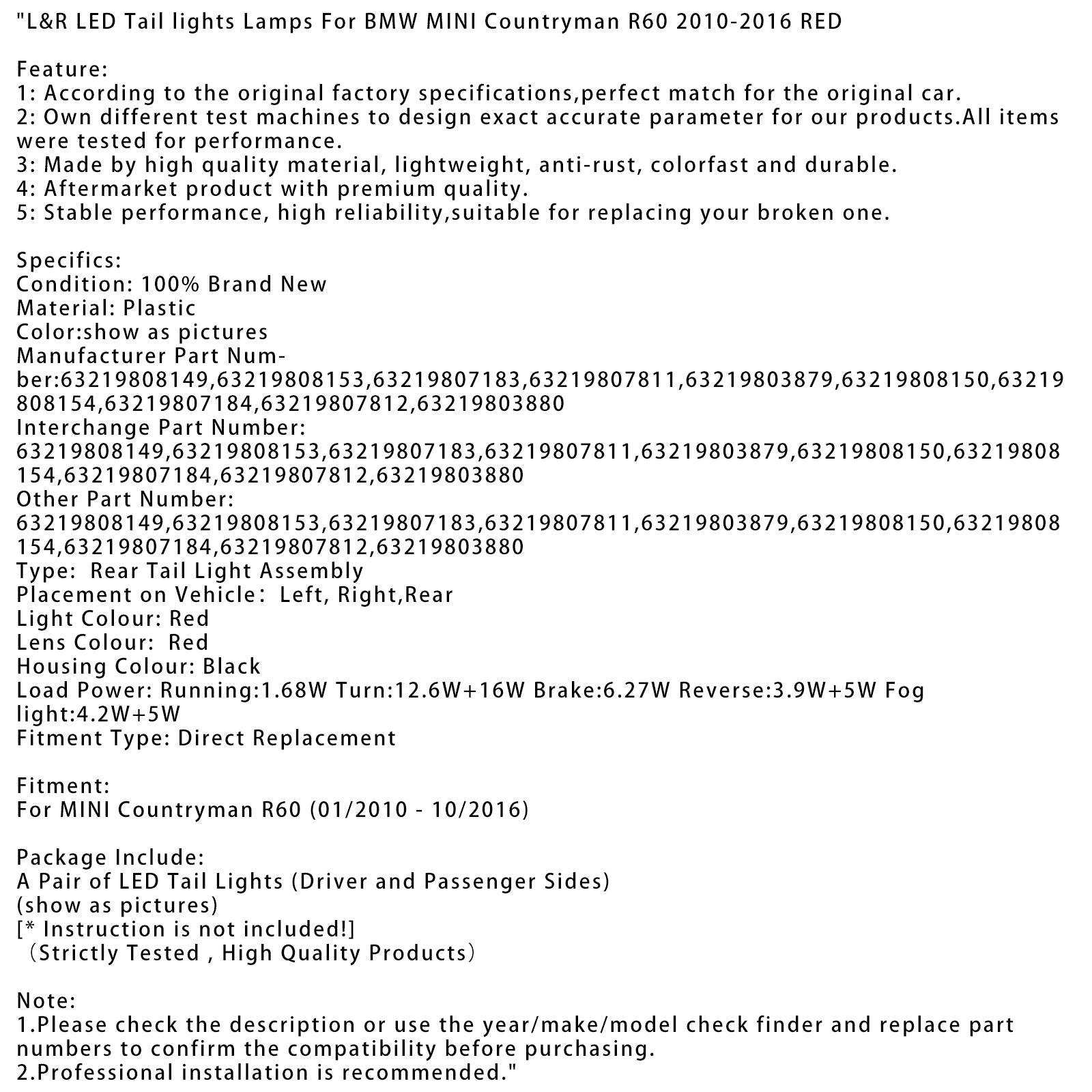 01/2010-10/2016 MINI Countryman R60 L&R LED Achterlichten Lampen ROOD 63219808149 63219808153