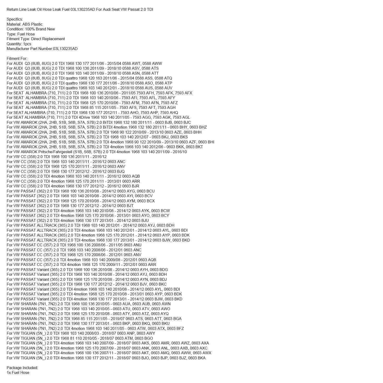 Returledning Läckage Oljeslang Läckage Bränsle 03L130235AD För Audi Seat VW Passat 2.0 TDI