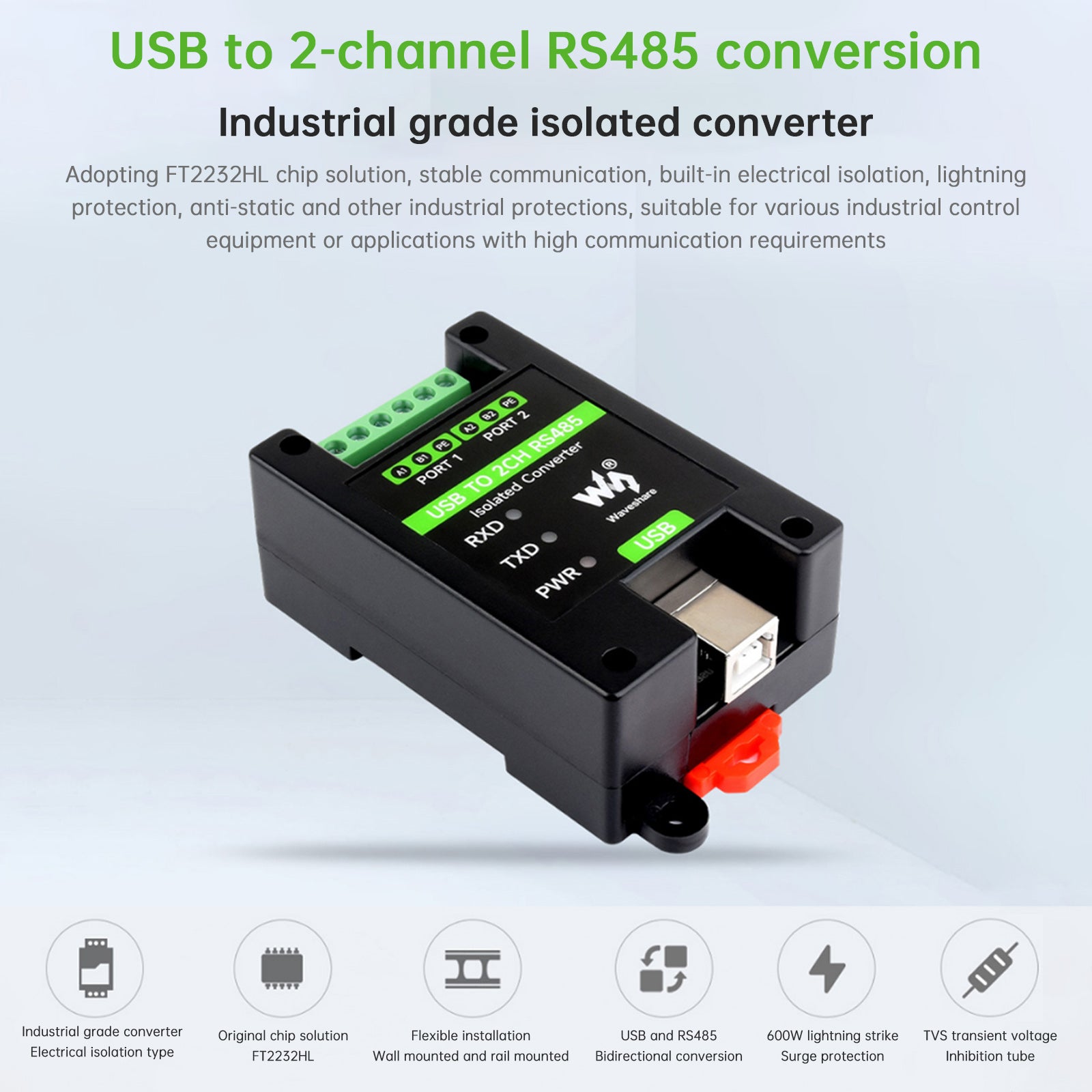 Installation de rail de convertisseur de port série USB vers RS485 à 2 voies isolé industriel