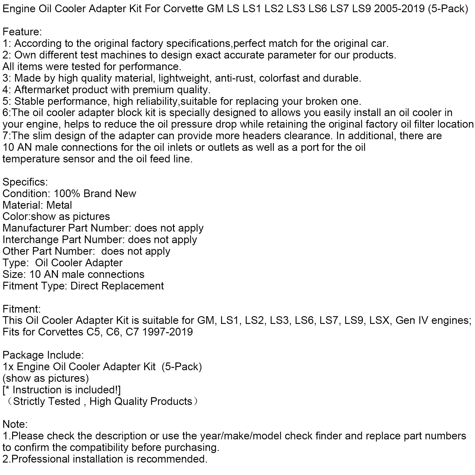 2005-2019 Corvette GM LS LS1 LS2 LS3 LS6 (5-Pack) Engine Oil Cooler Adapter Kit