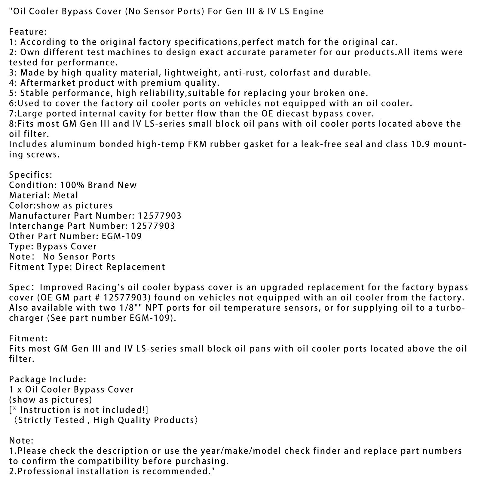 Kryt obtoku chladiča oleja (bez portov pre senzory) pre Gen III & Motor IV LS