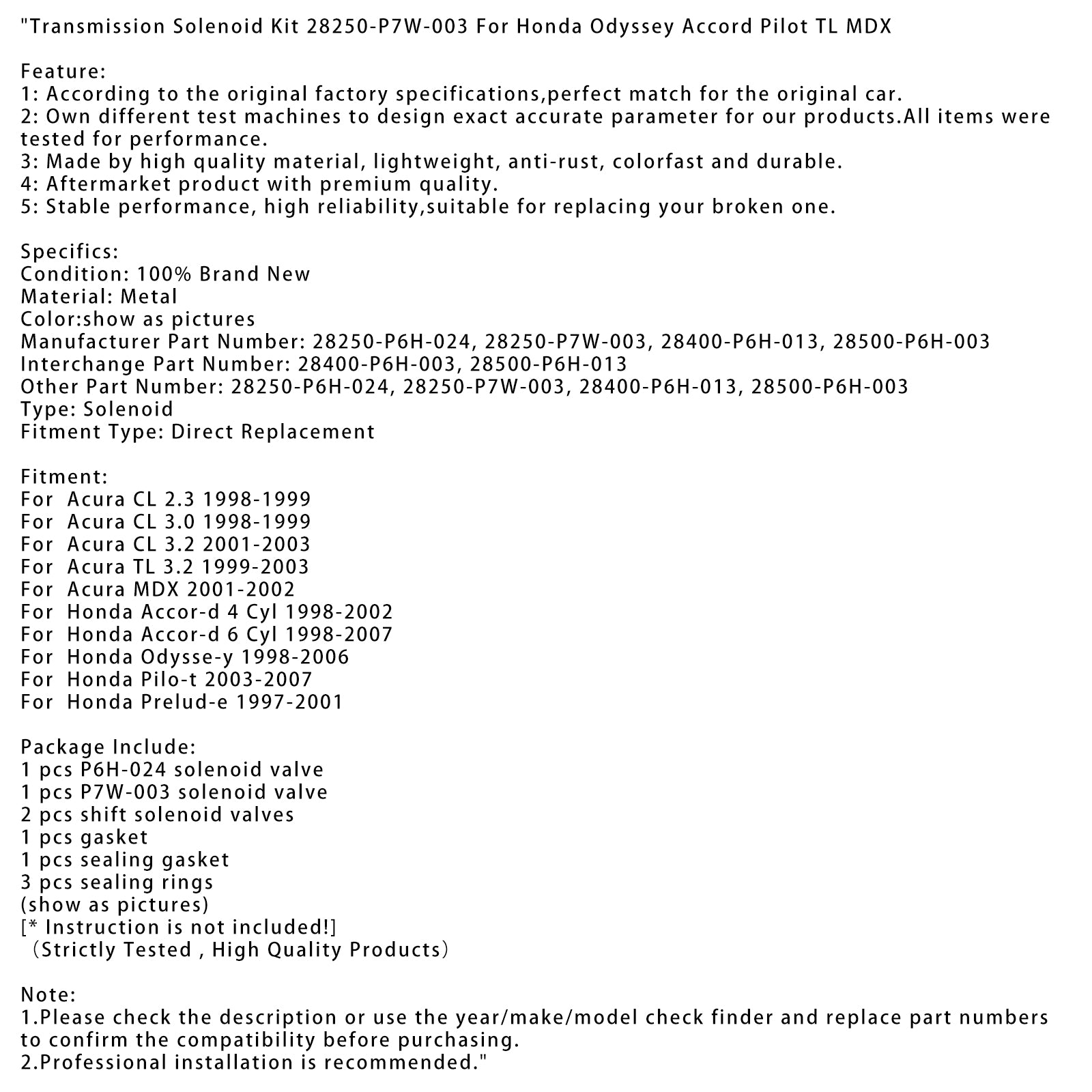 1998-2002 Honda Accor-d 4 Cyl Transmission Solenoid Kit 28250-P7W-003 28250-P6H-024