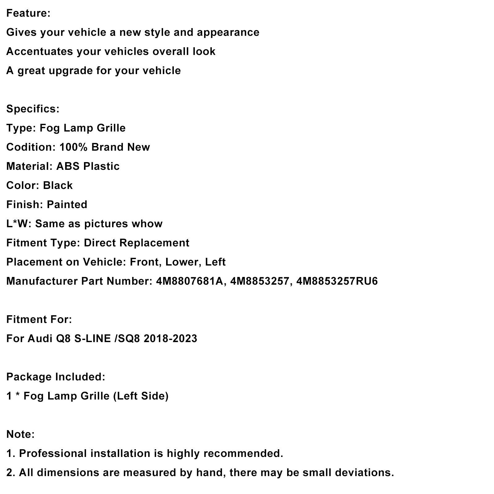 2018-2023 AUDI Q8 S-LINE SQ8 PAUTER FRANT GRILL GRILL 4M8807681A