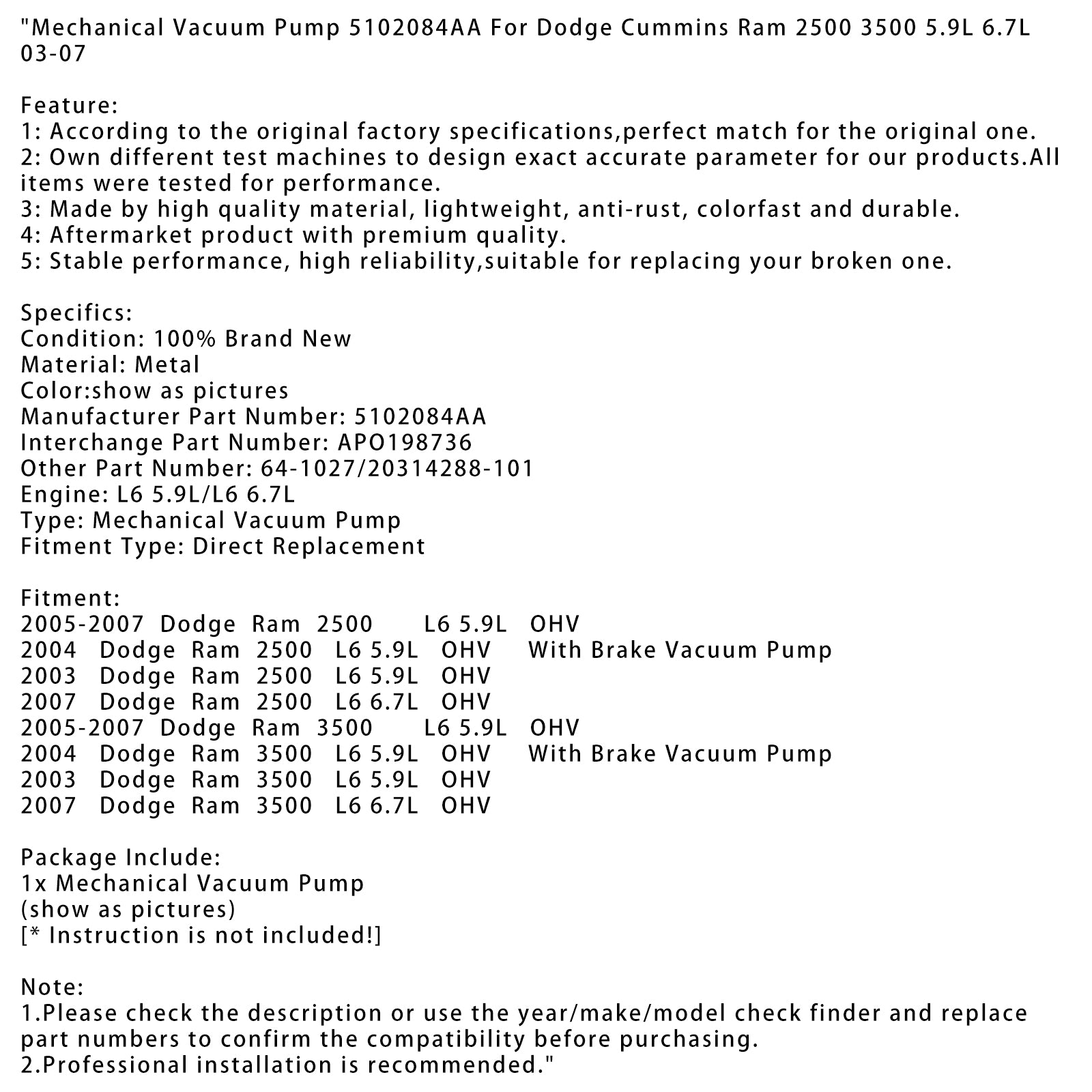 Mechanical Vacuum Pump 5102084AA For Dodge Cummins Ram 2500 3500 5.9L 6.7L 03-07