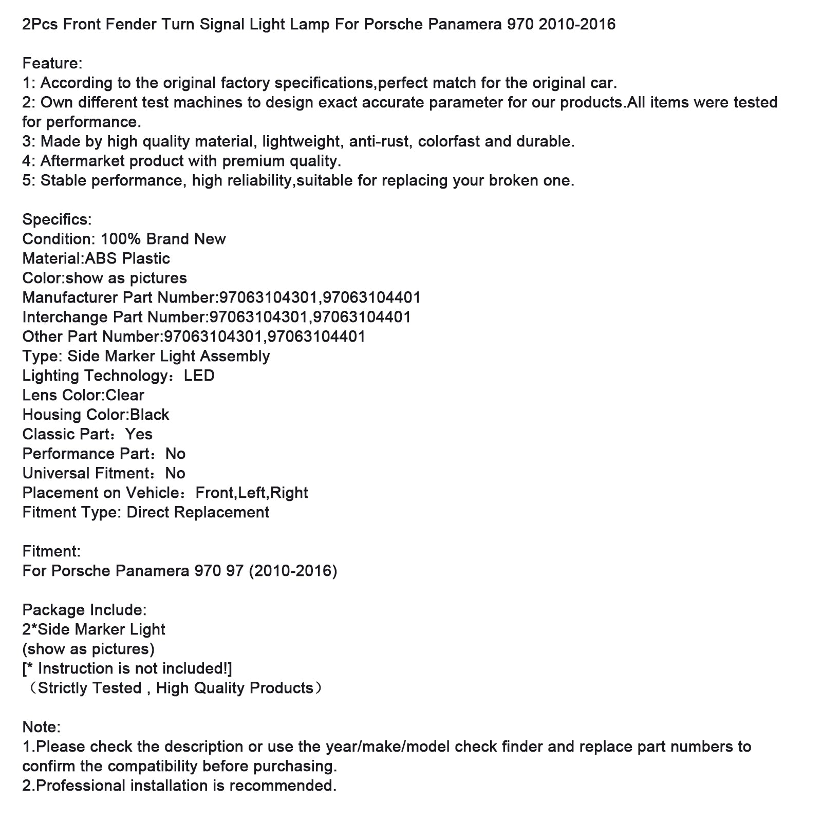 2pcs predný blatníka zákruta svetla svetla pre Porsche Panamera 970 2010-2016