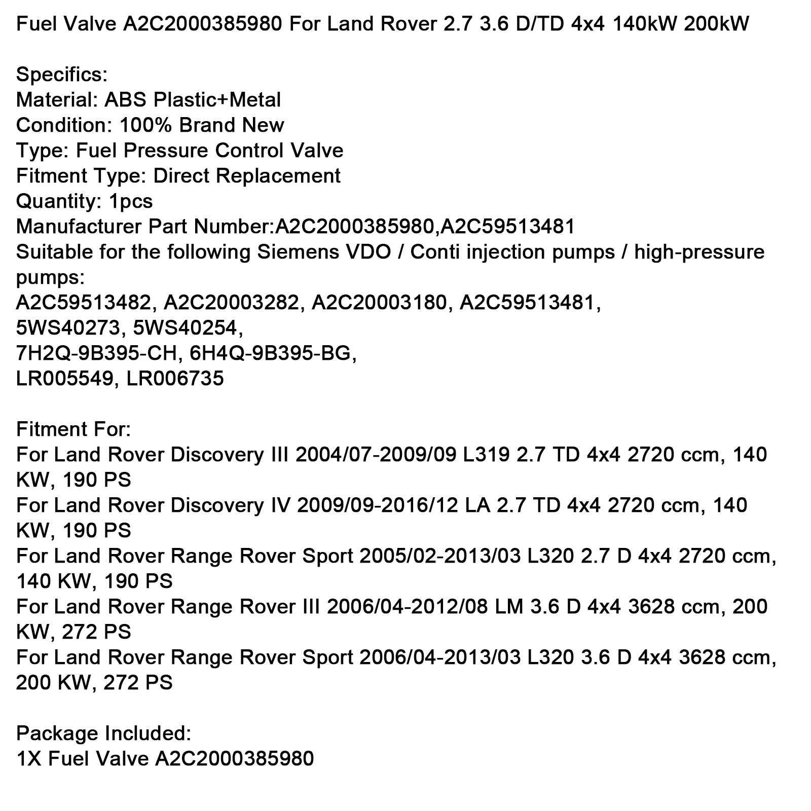 2006/04-2013/03 Land Rover Range Rover Sport L320 3.6 D Fuel Pressure Control Valve A2C2000385980