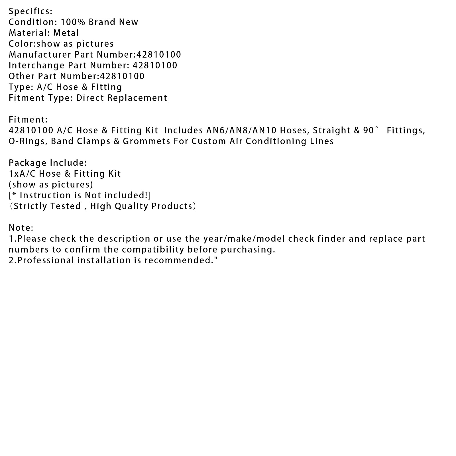 42810100 A/C Hose & Fitting Kit AN6/AN8/AN10 Hoses, Straight & 90° Fittings