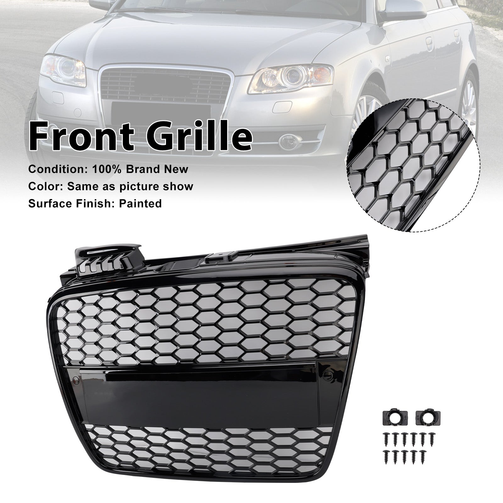 RS4 Style Front Honeycomb Mesh Grille Grill Fit Audi A4 B7 S-Line 2005-2008