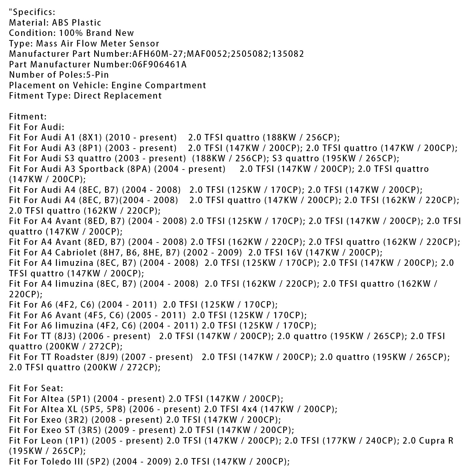 Luchtmassameter Sensor Voor Audi A4 B7 S3 TT VW Golf GTI 2.0 T 06F906461A